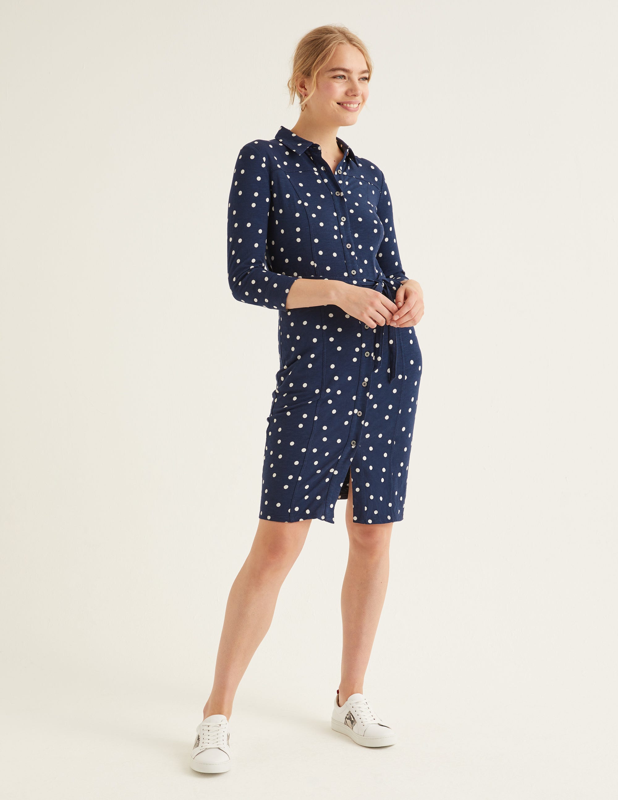 boden tara jersey shirt dress Boden Tara Jersey Navy White Polka Dot Shirt Belt Button Front Dress  Nautical 6