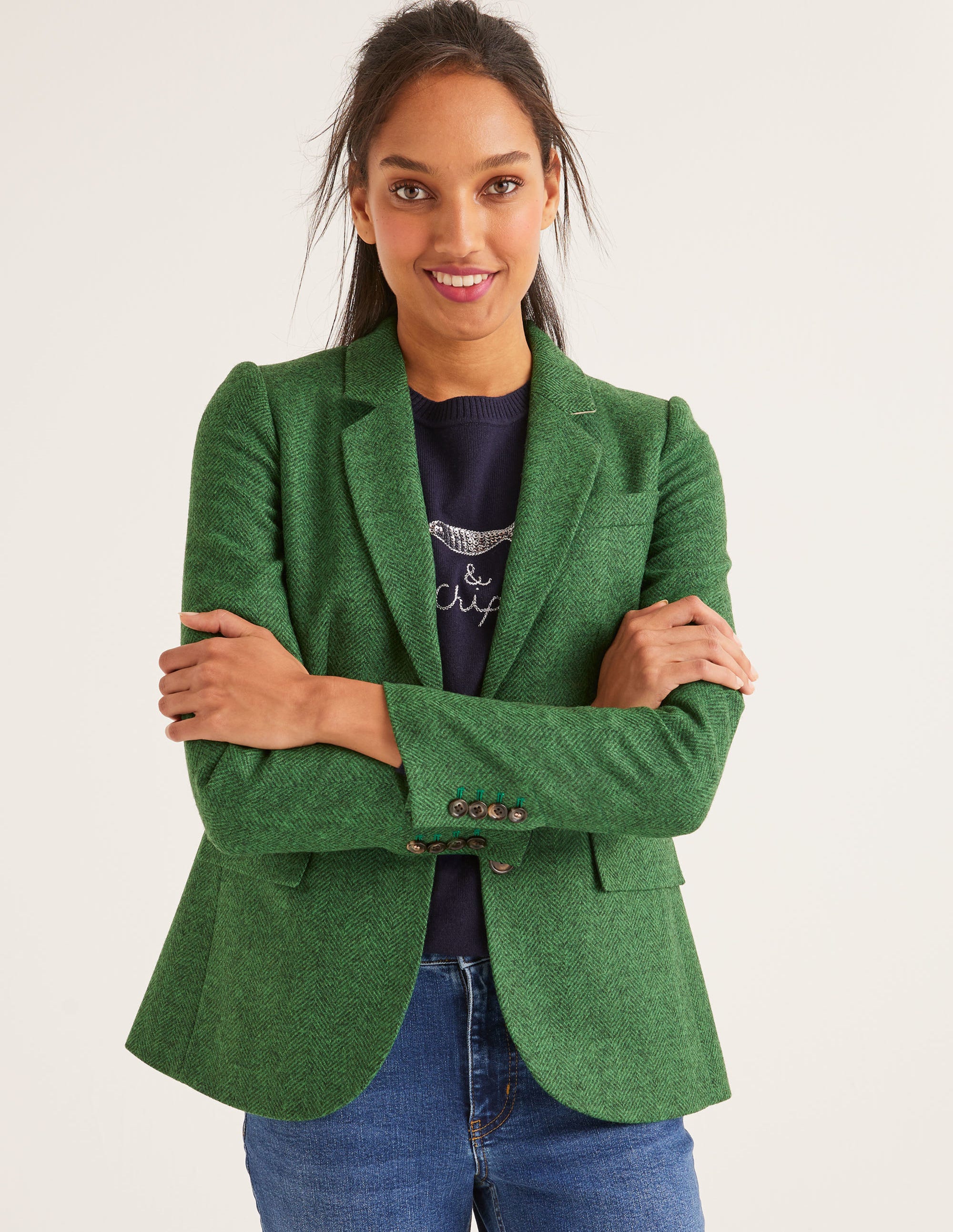 Smyth British Tweed Blazer Green Herringbone Boden AU