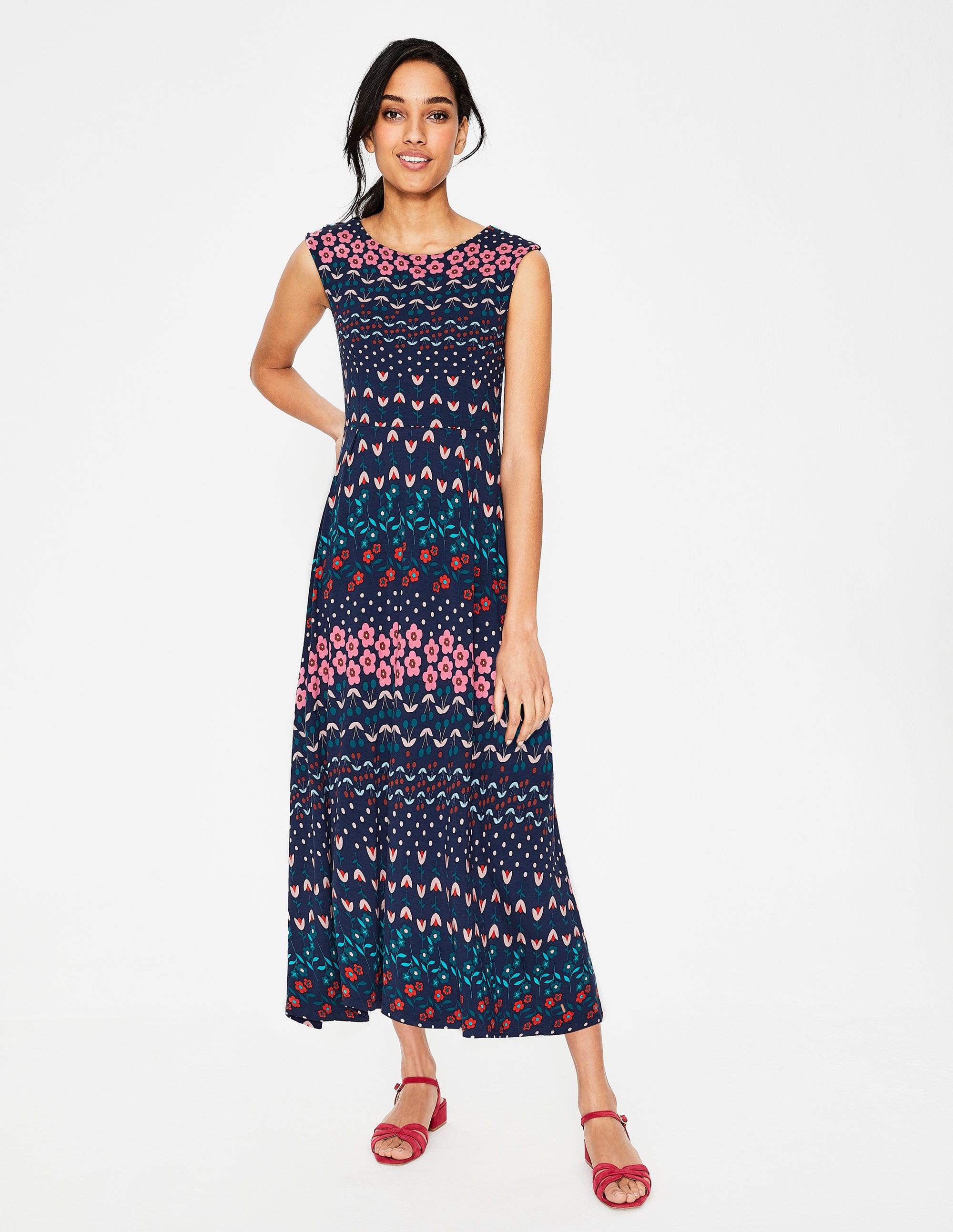 Polly Jersey Midi Dress Navy Floral Field Boden UK
