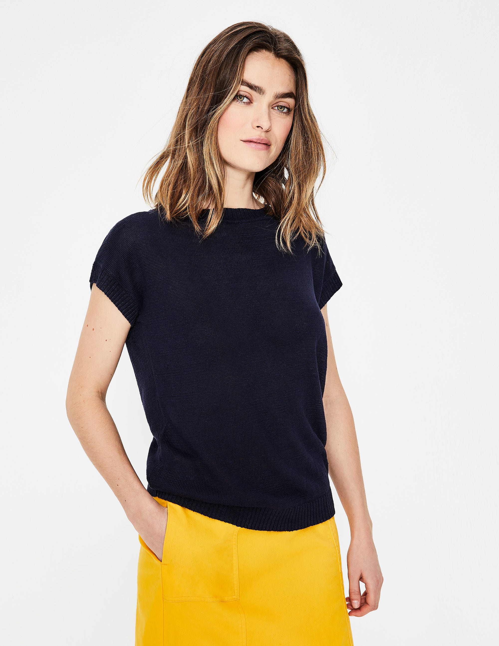 T-shirt Aubrey en lin boutonné dans le dos NAV Femme Boden, Navy