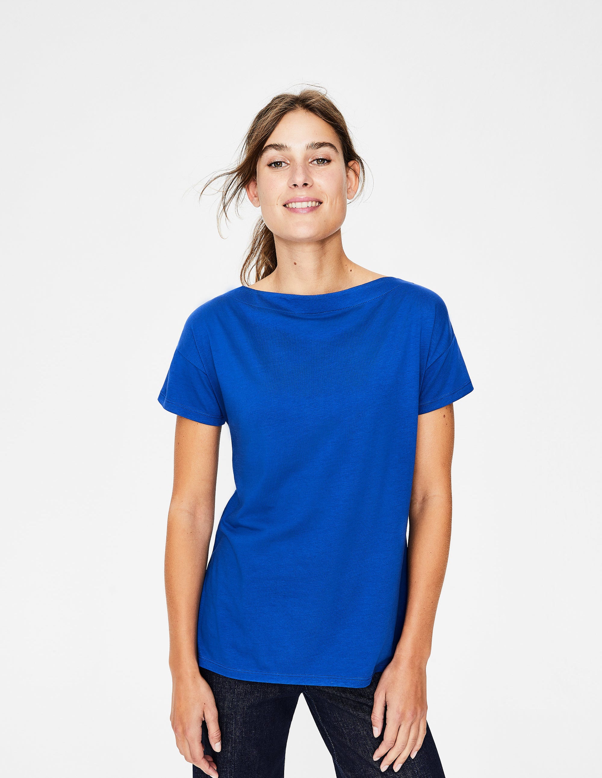 T-shirt col large ultra-doux BLU Femme Boden, Blue