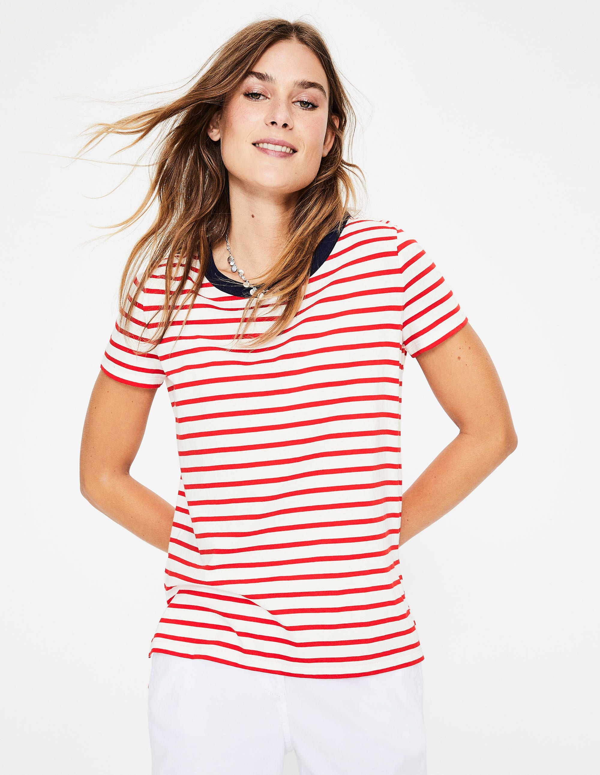 Marinière à col rond et manches courtes RED Femme Boden, Red