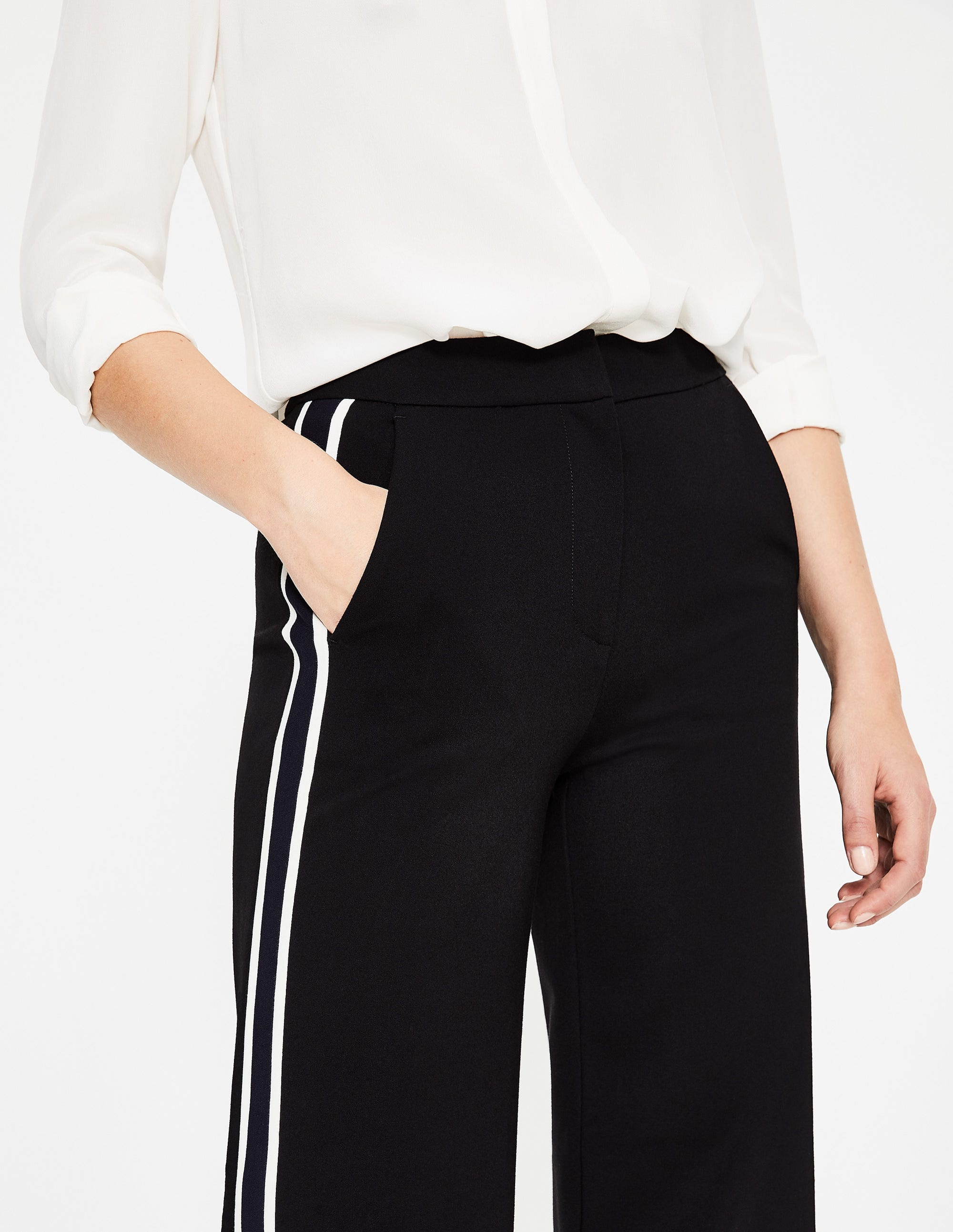 Wells Wide Leg Ponte Trousers Black With Ivory Stripe Boden UK