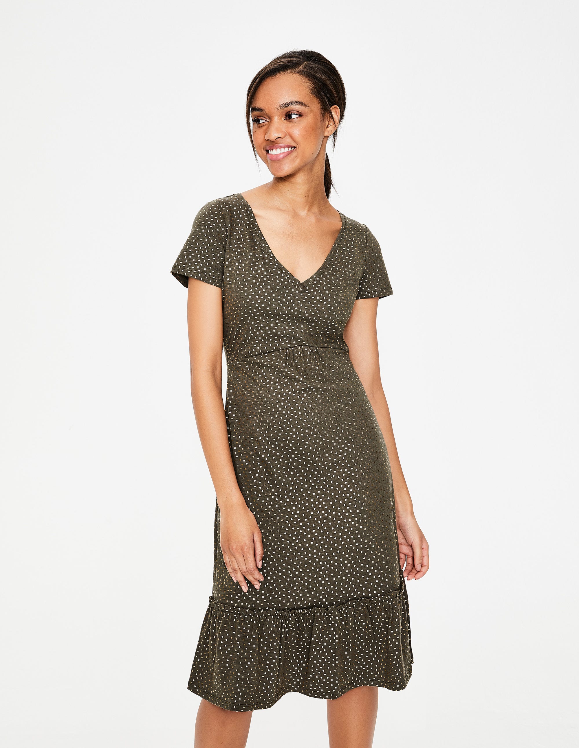 foil spot pleated midi dress
