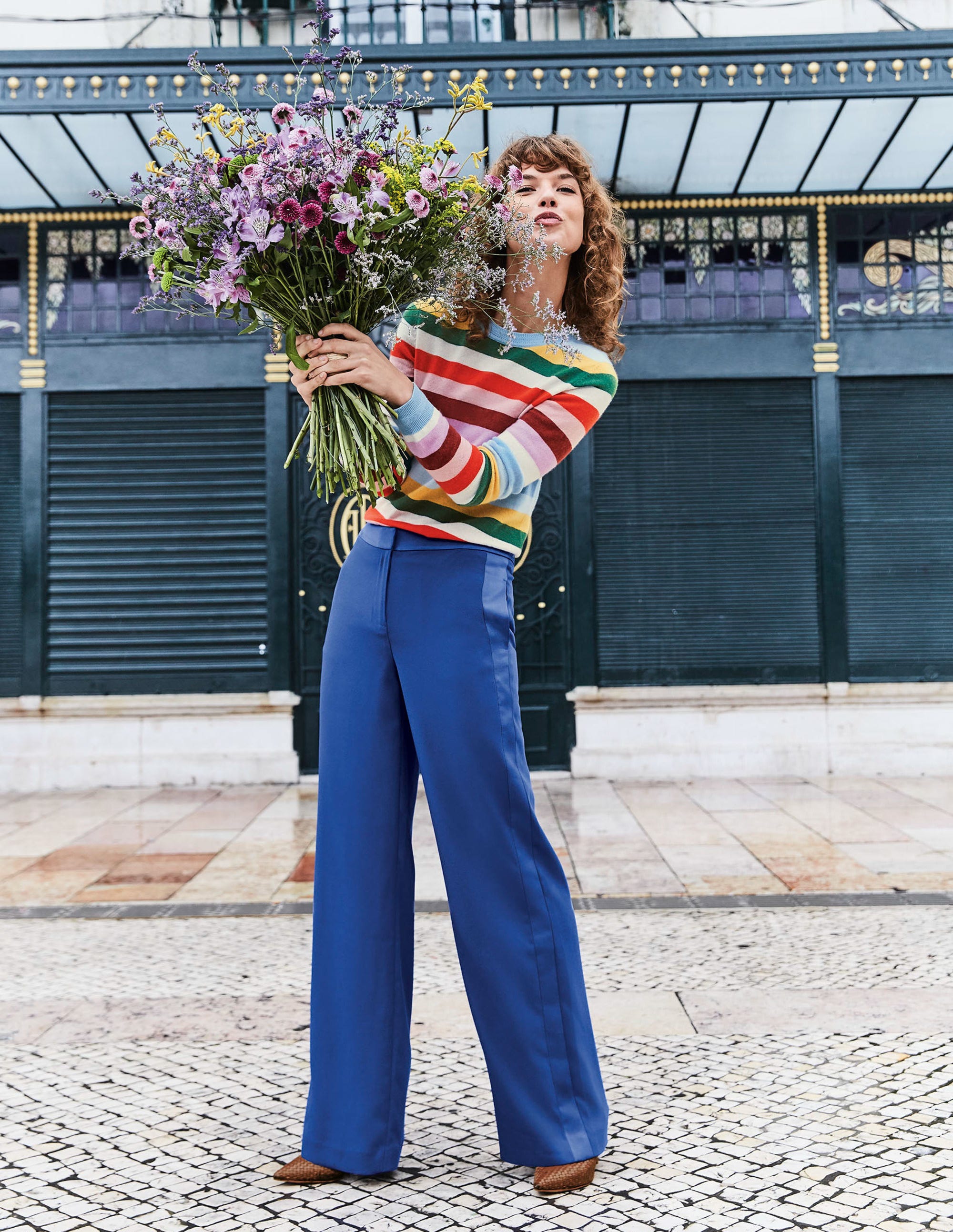 blue wide leg trousers