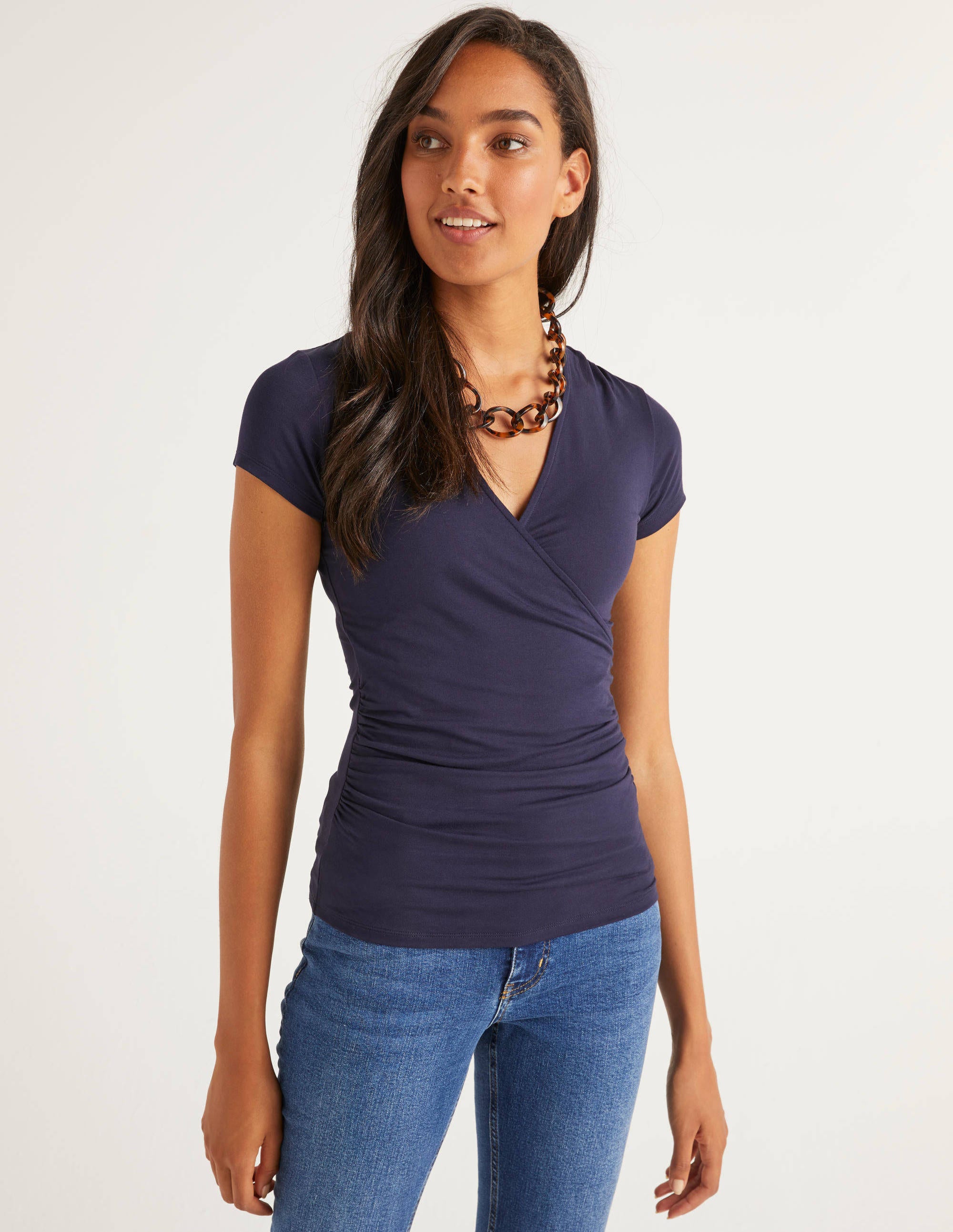 Short Sleeve Jersey Wrap Top Navy Boden UK