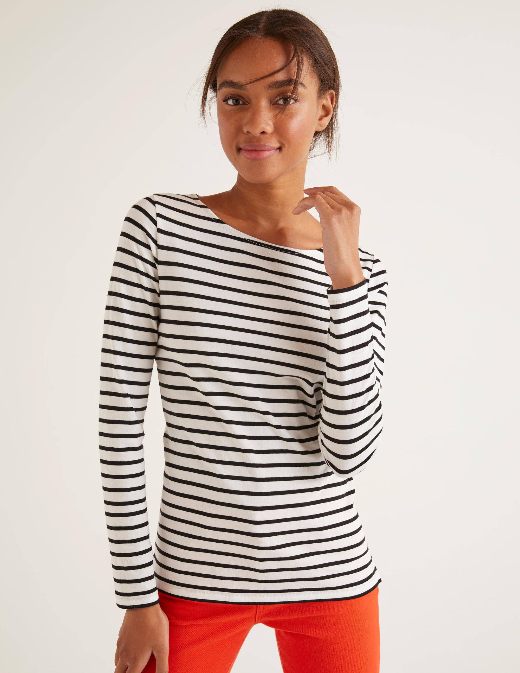 White/Black Long Sleeve Cotton Breton Top Ivory/Black Boden UK