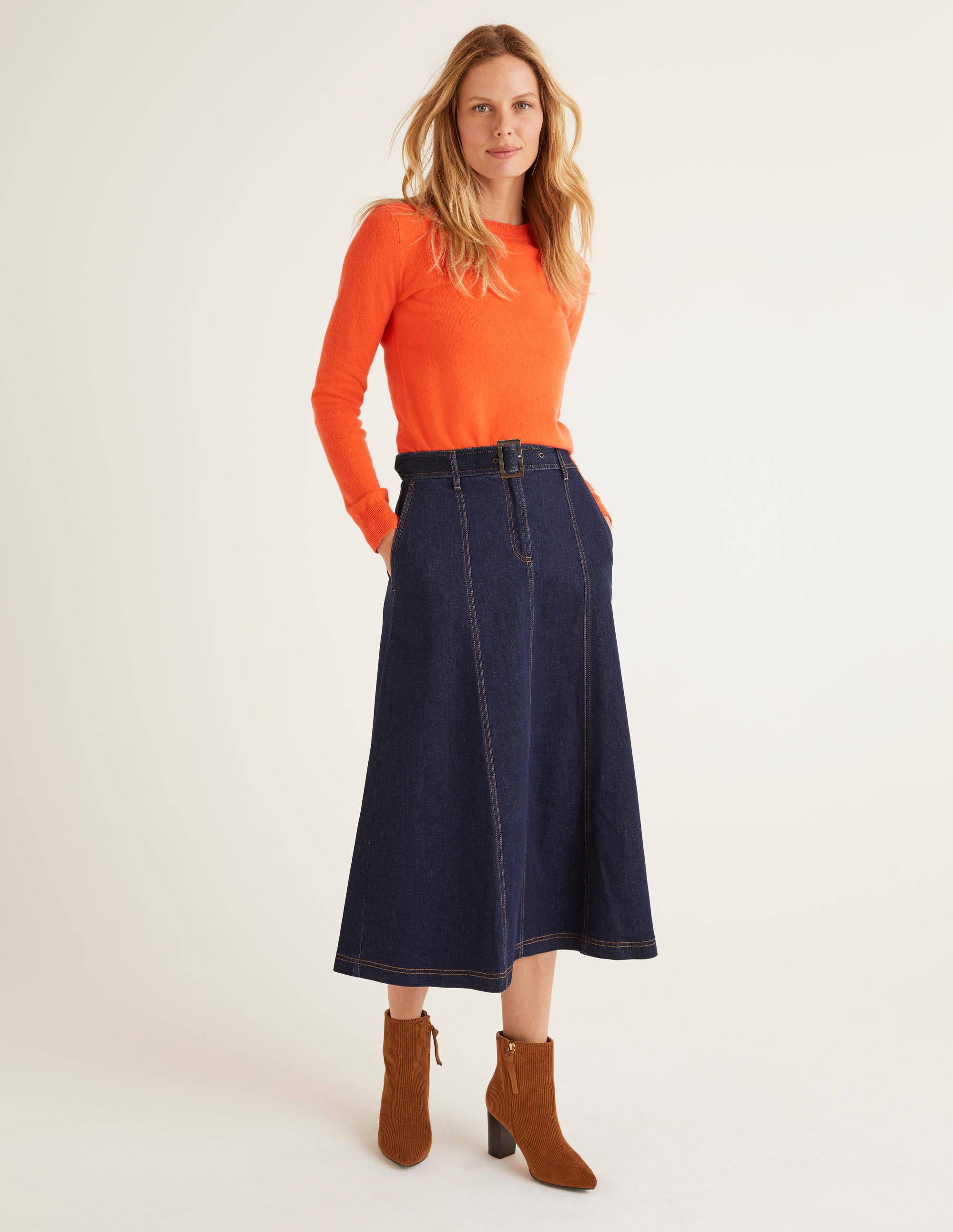 stretch denim midi skirt