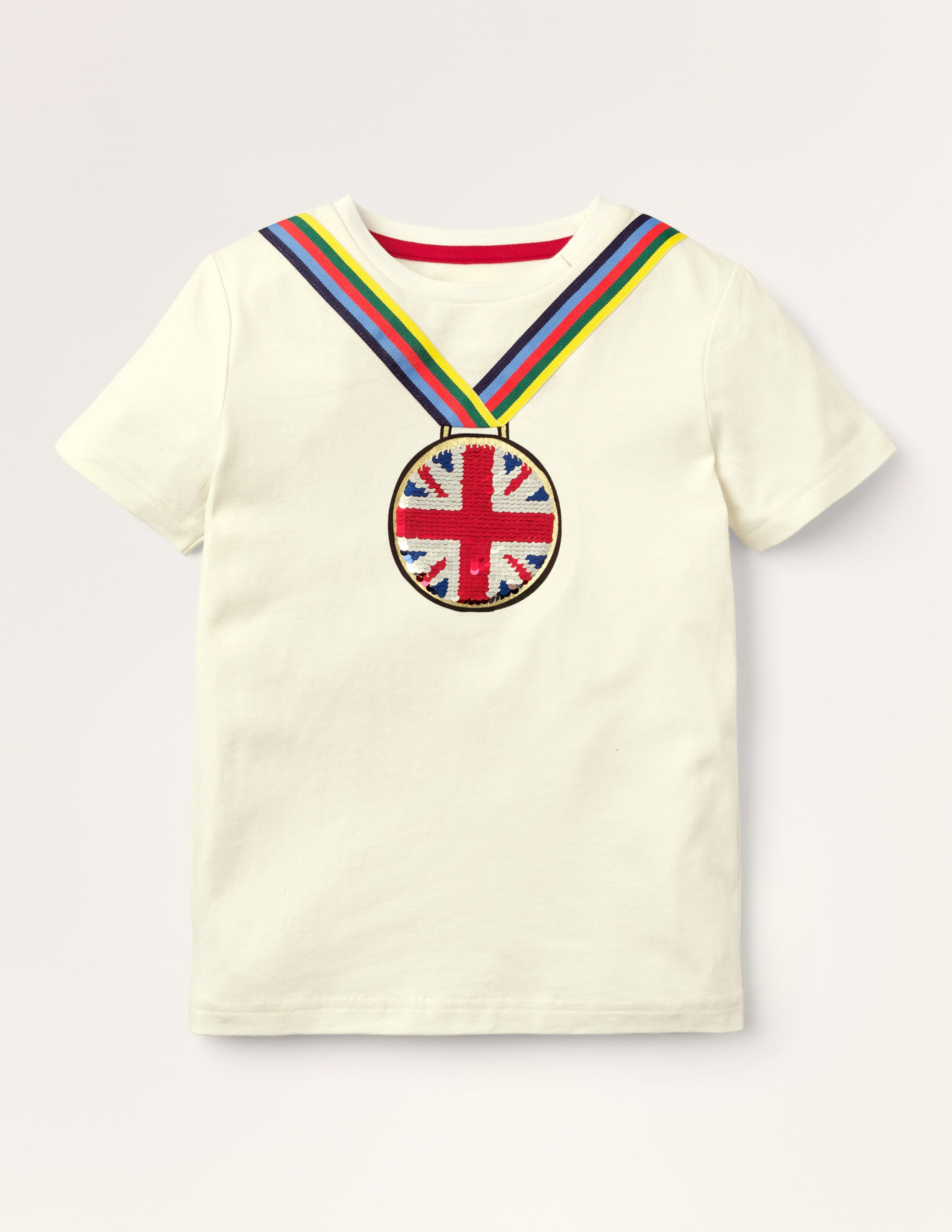 T-shirt à sequins sportif GBR Garçon Boden, Ivory
