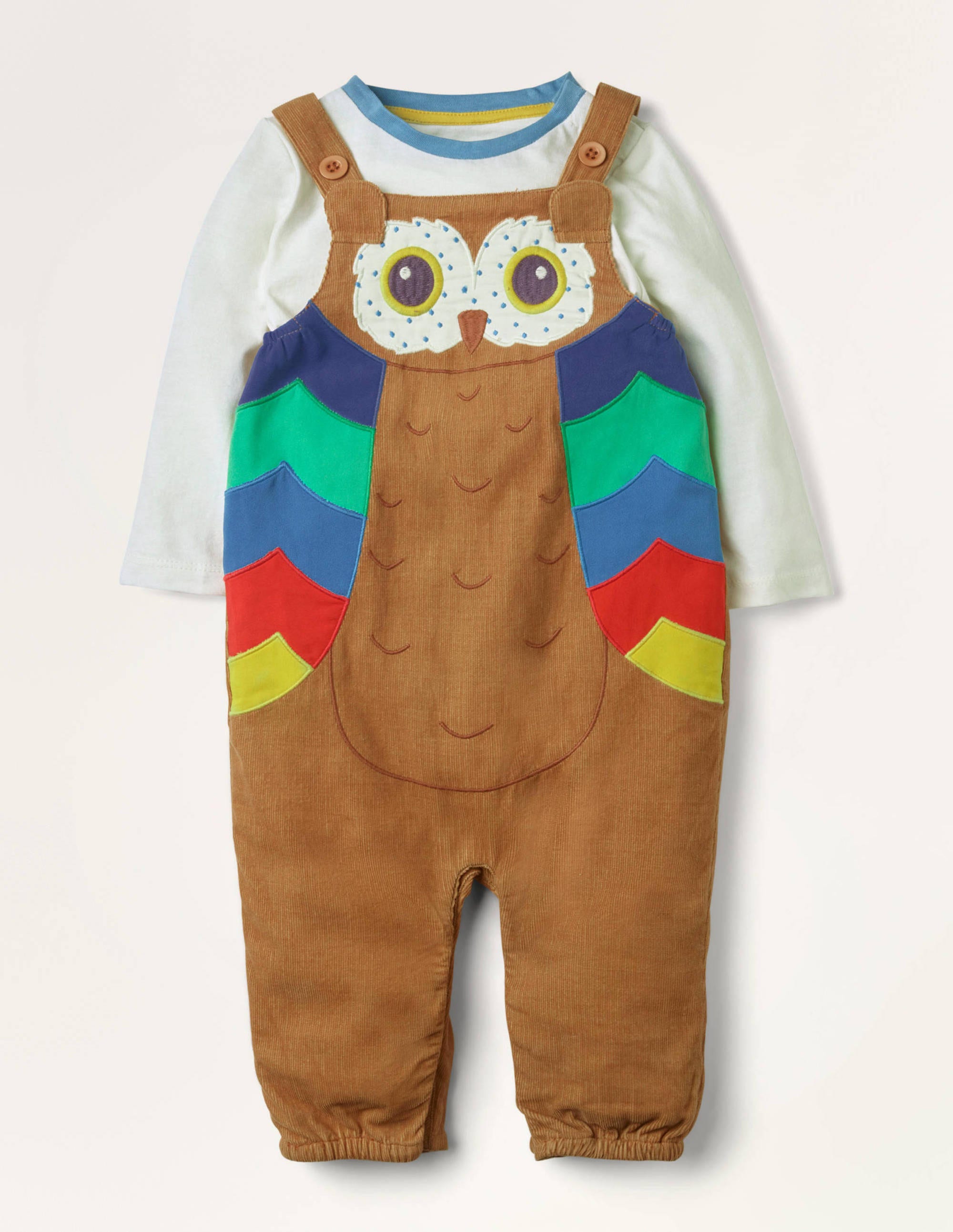Ensemble avec salopette en velours côtelé à motif chouette BRN Bébé Boden, Brown