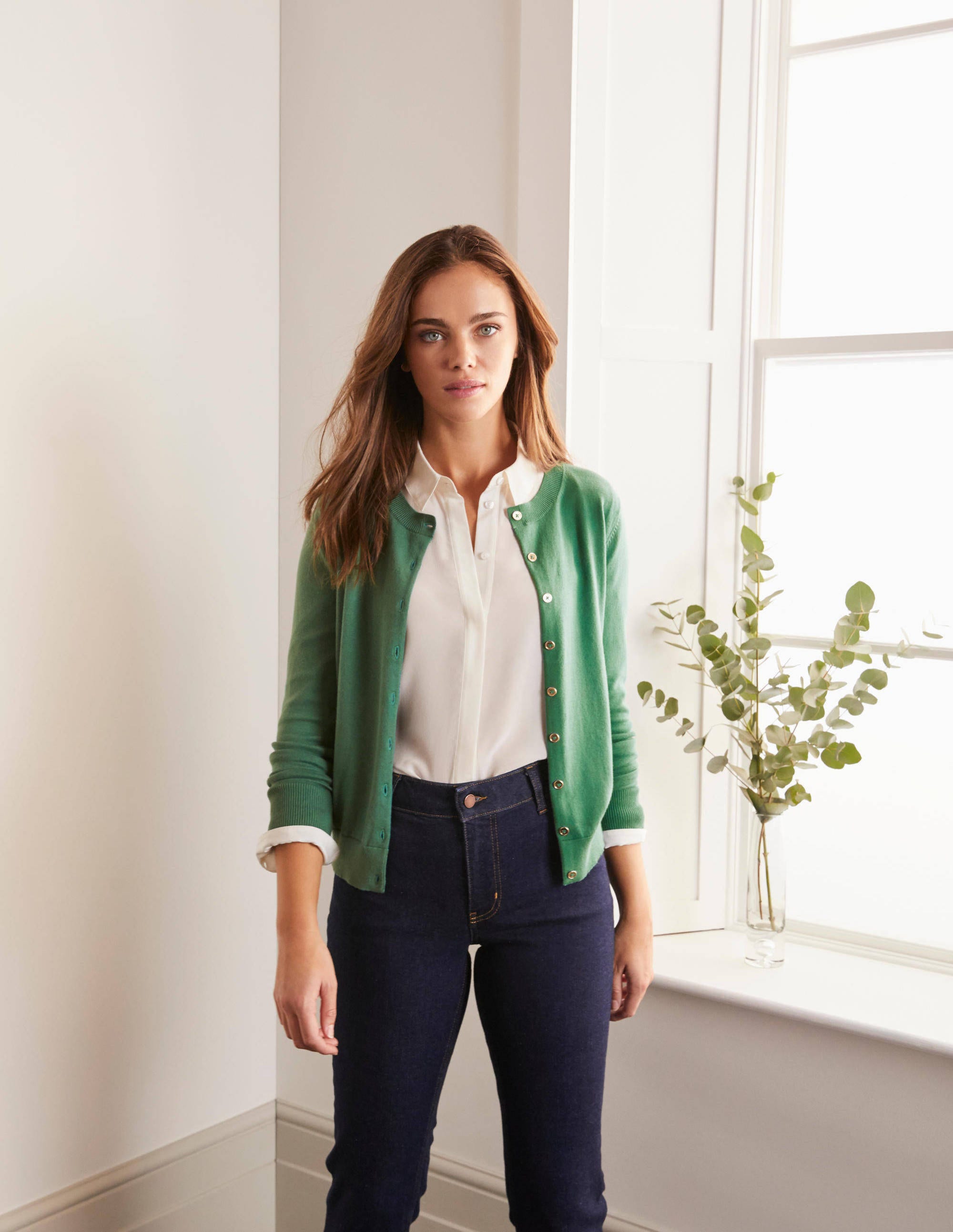 Eldon Cotton Crew Cardigan Sage Green Boden UK