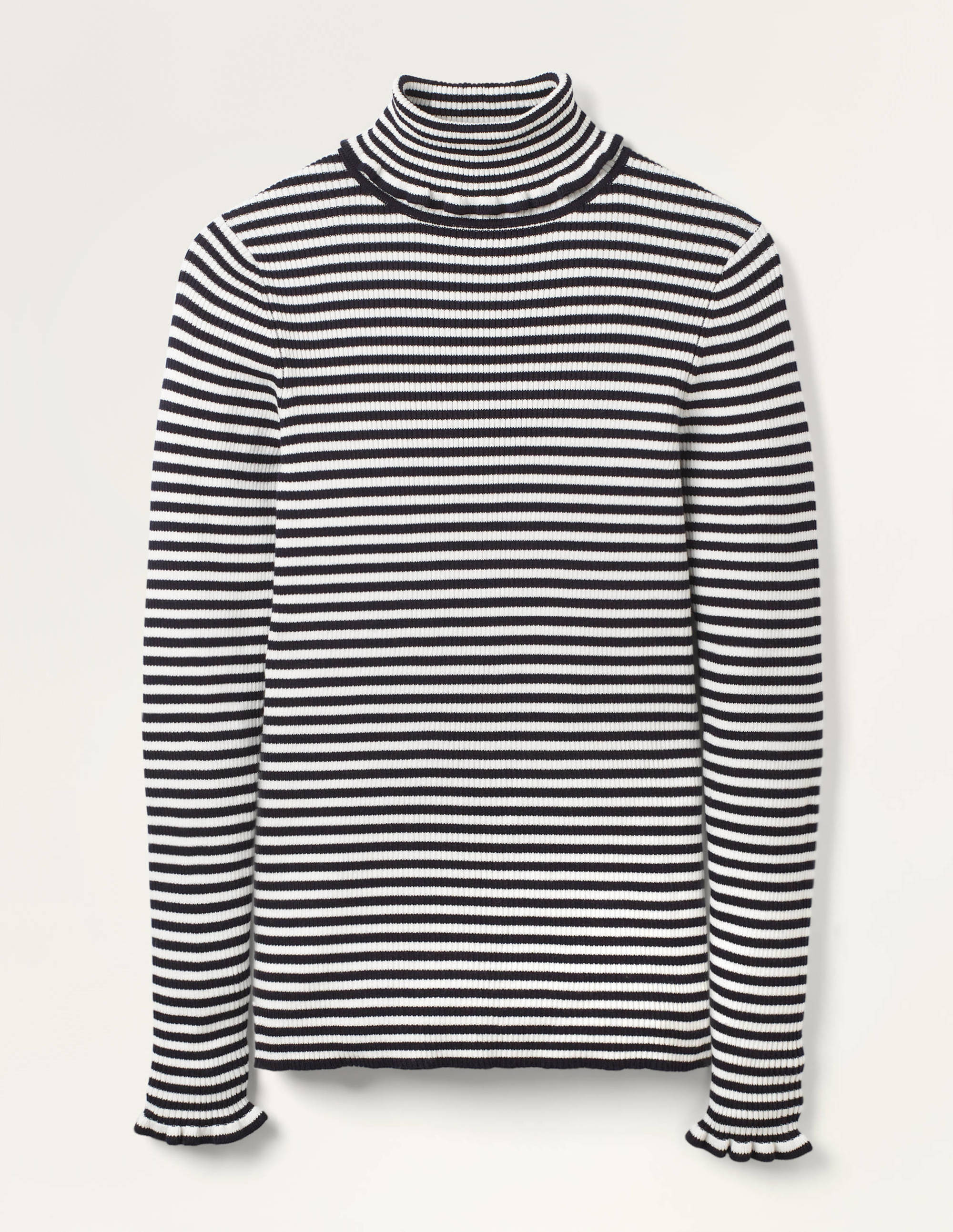 Frill Roll Neck Sweater - Navy, Ivory Stripe | Boden US