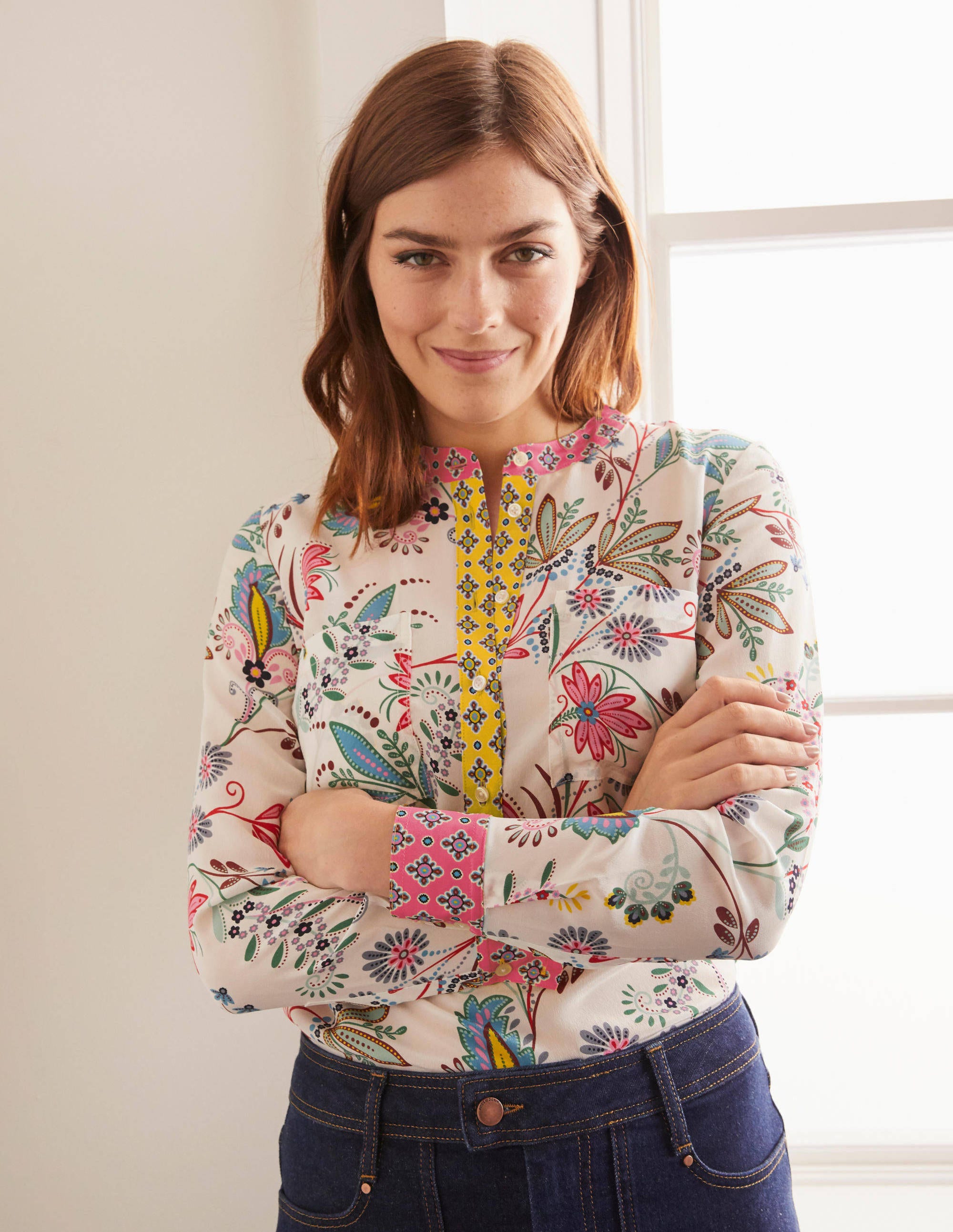 Silk Collarless Blouse Ivory, Heritage Bloom Boden UK