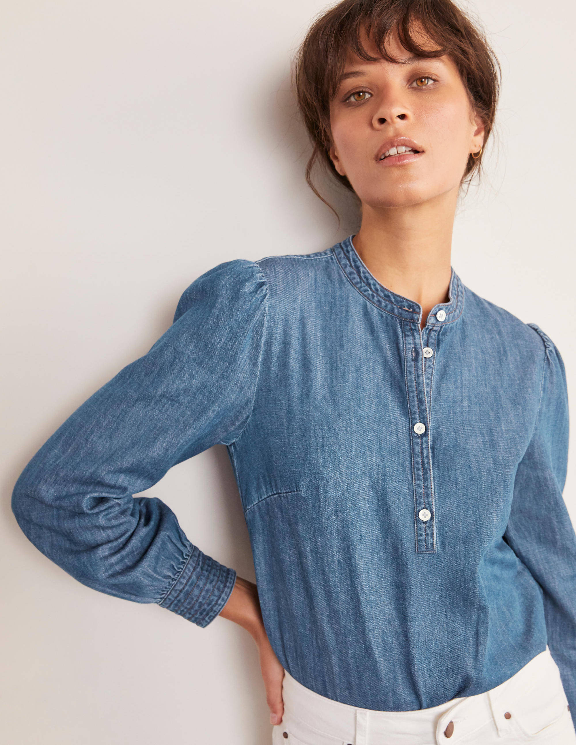 collarless denim shirt womens