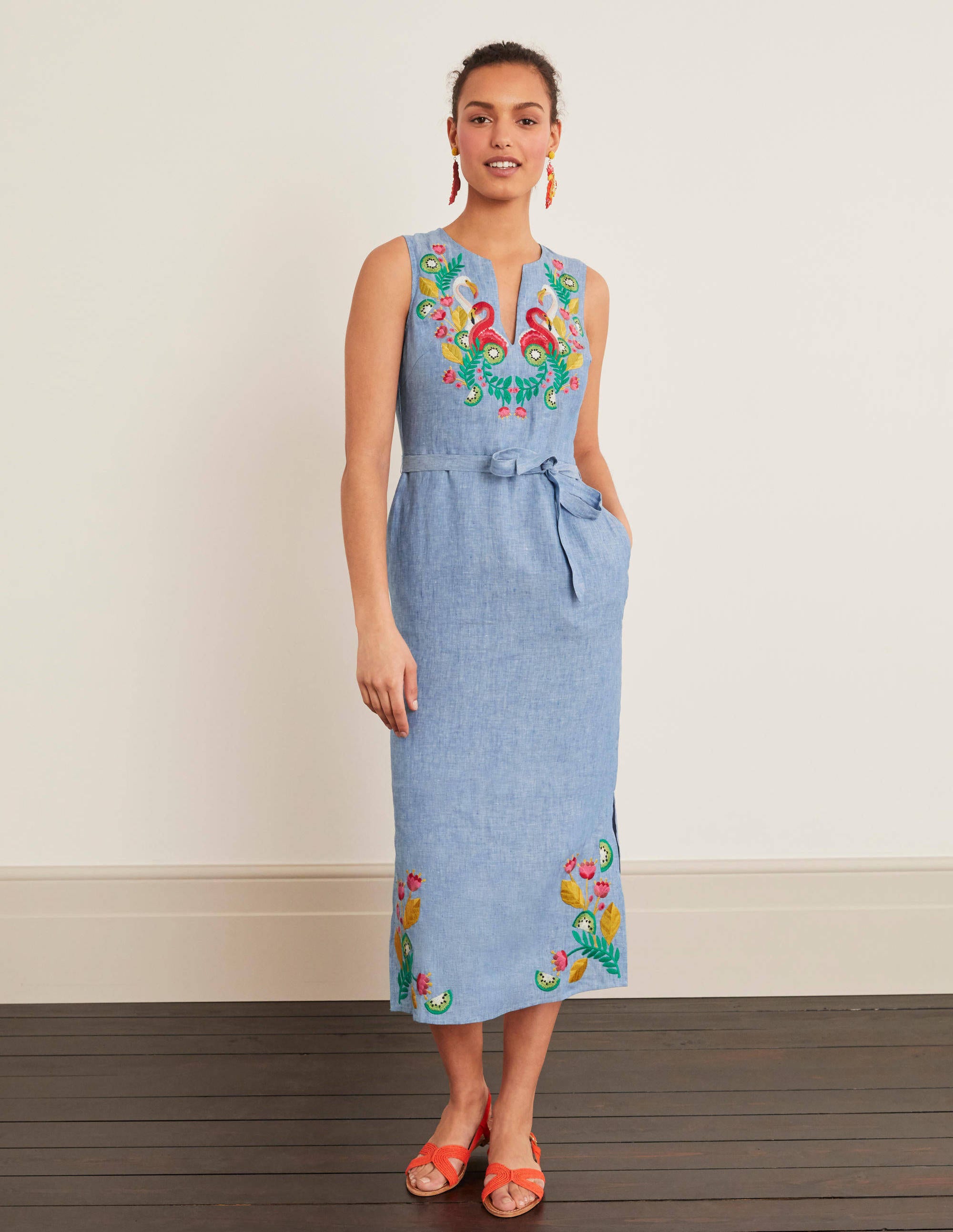 blue embroidered midi dress