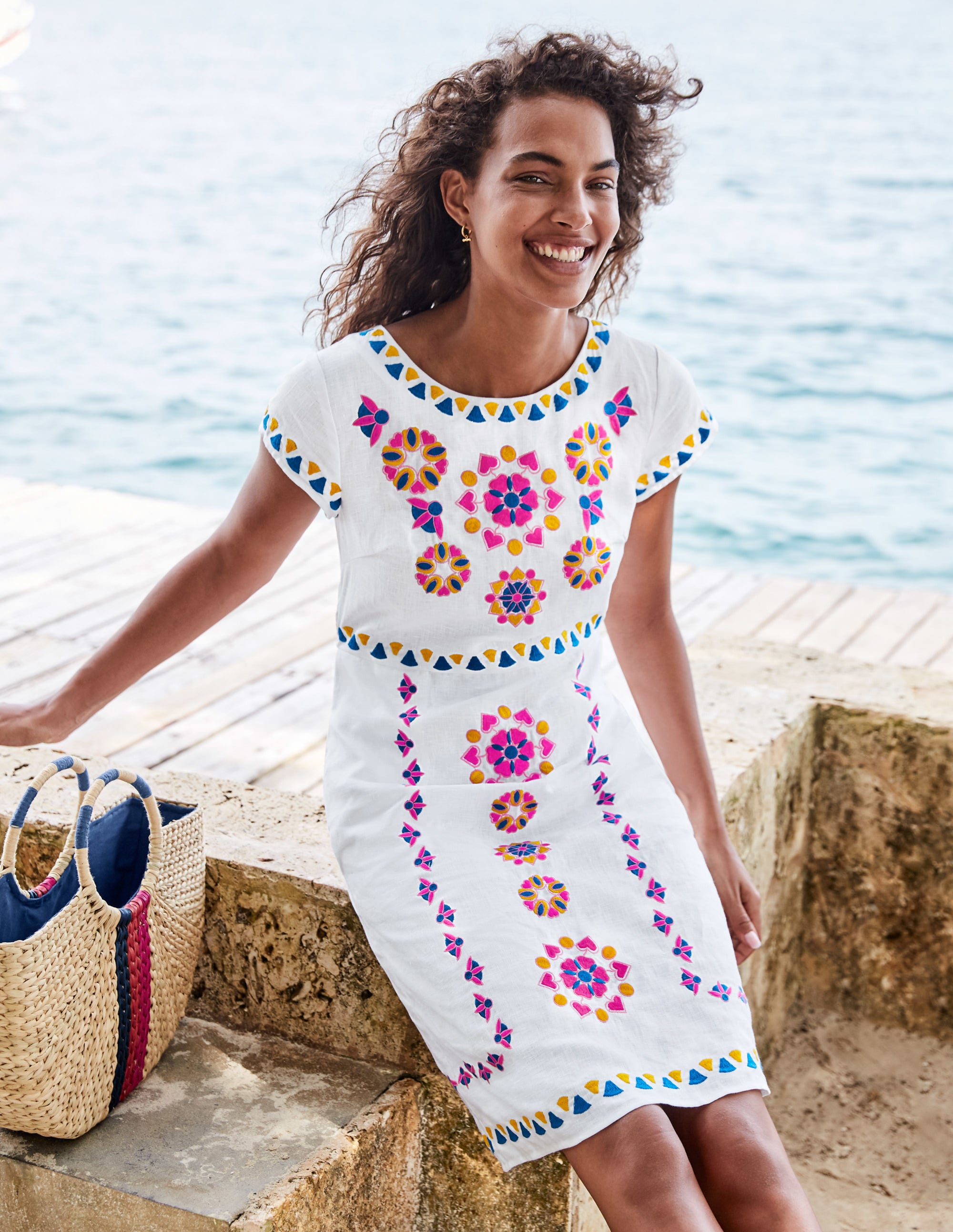 Laura Linen Embroidered Dress White Boden UK