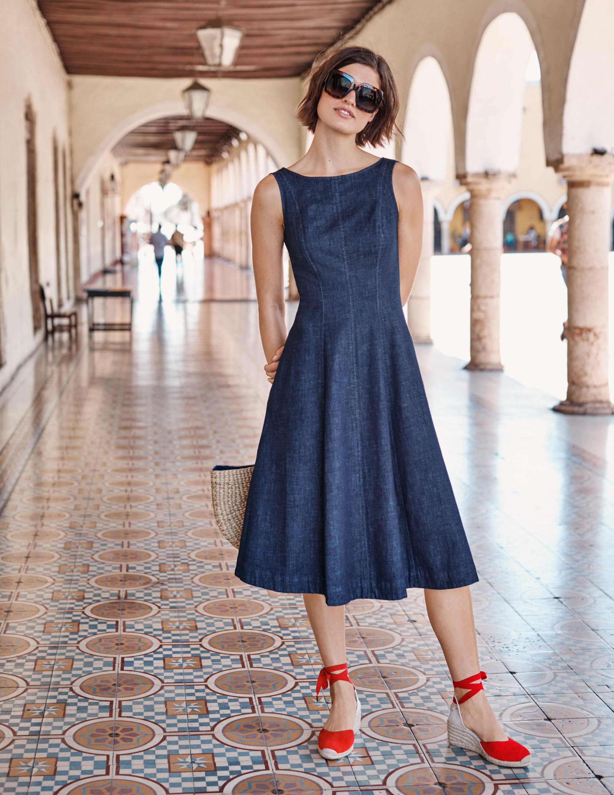 denim fit and flare midi dress