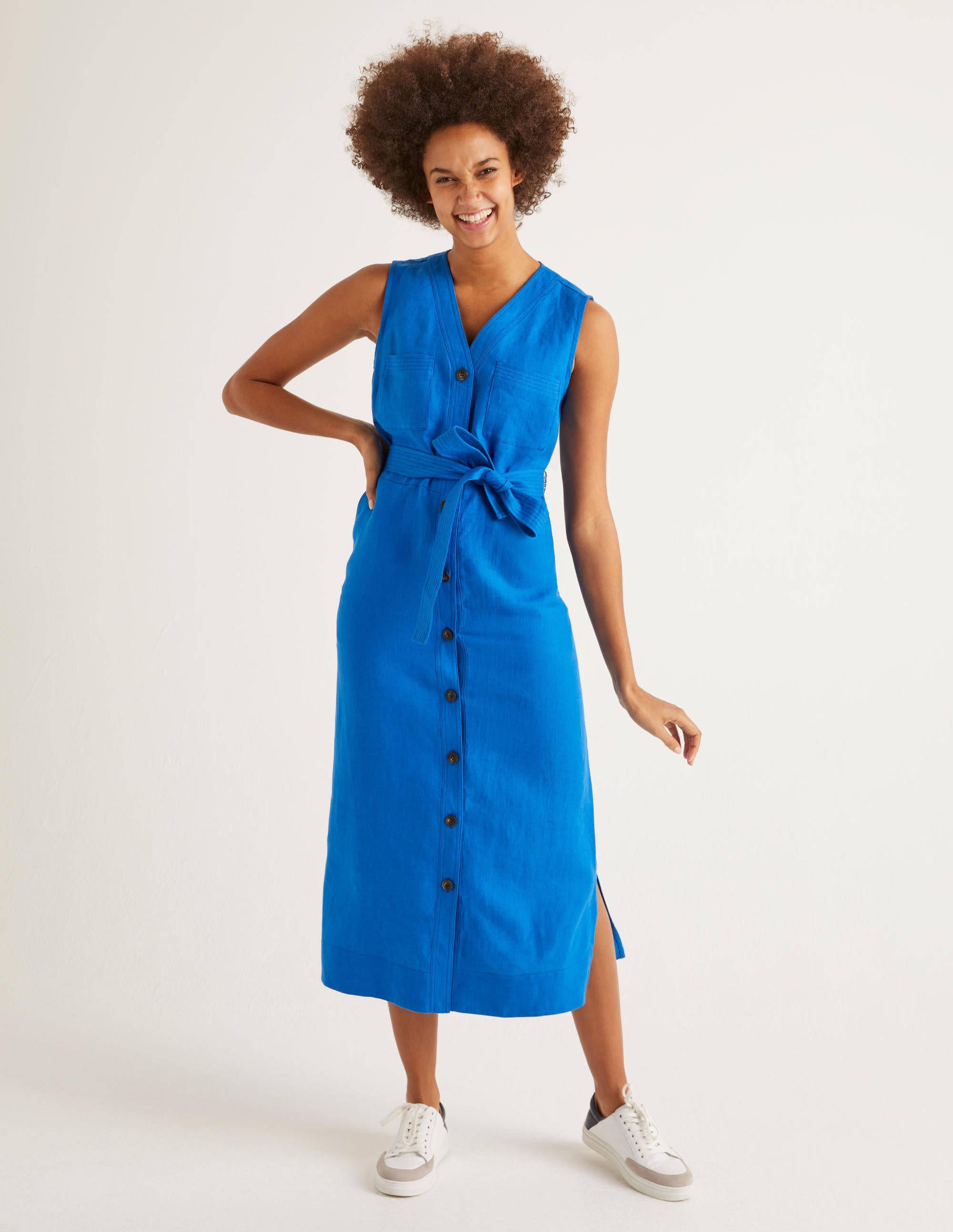 blue linen midi dress