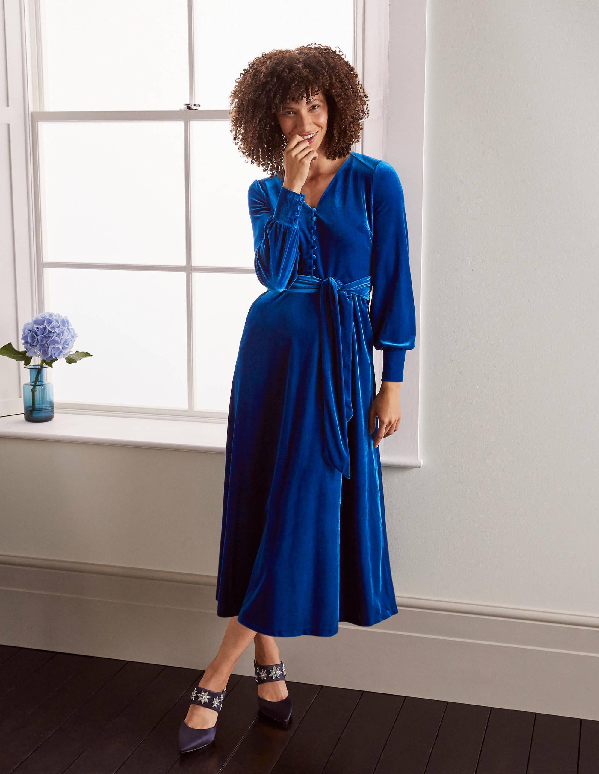 royal blue velvet midi dress