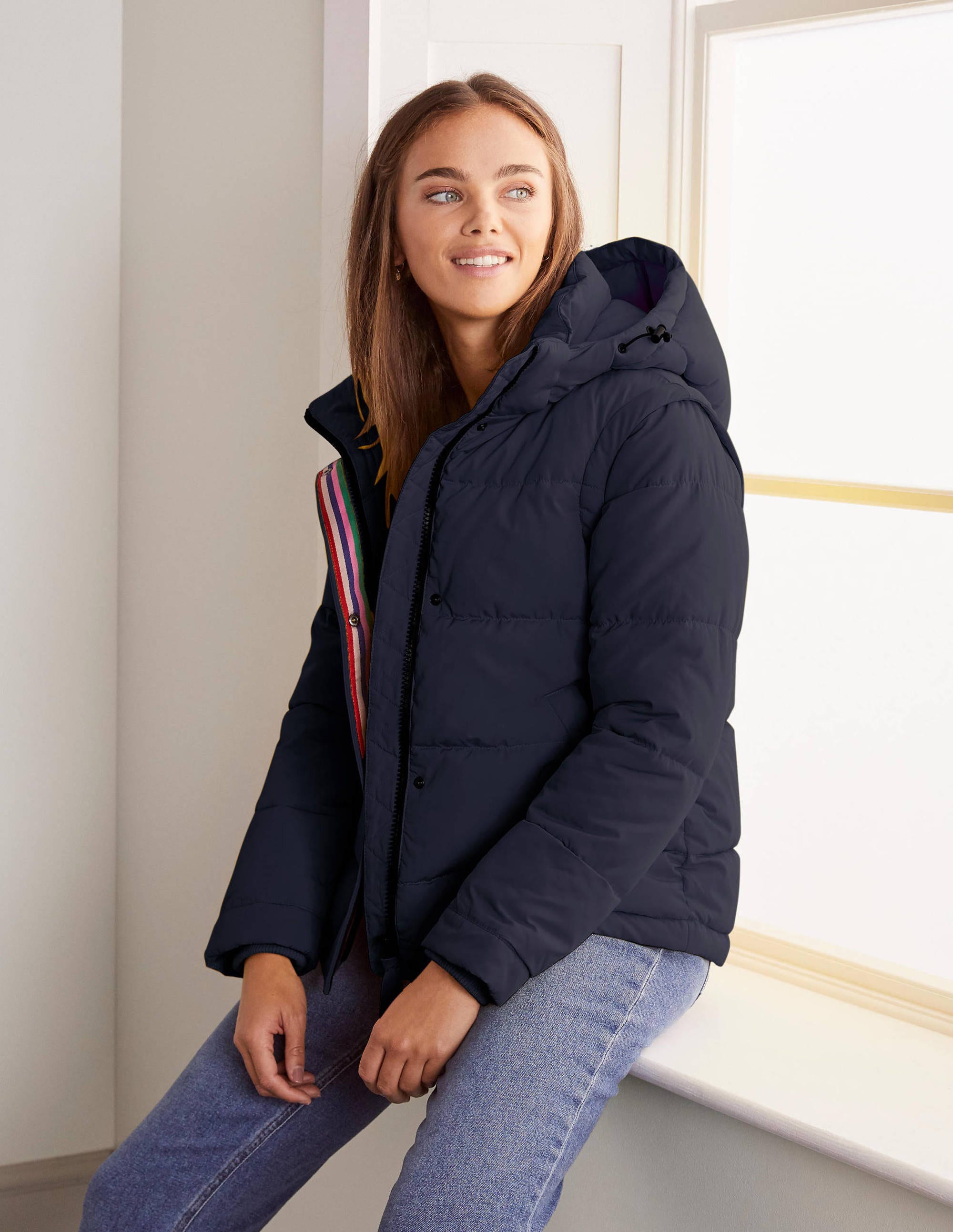 black jacket with white fur collar