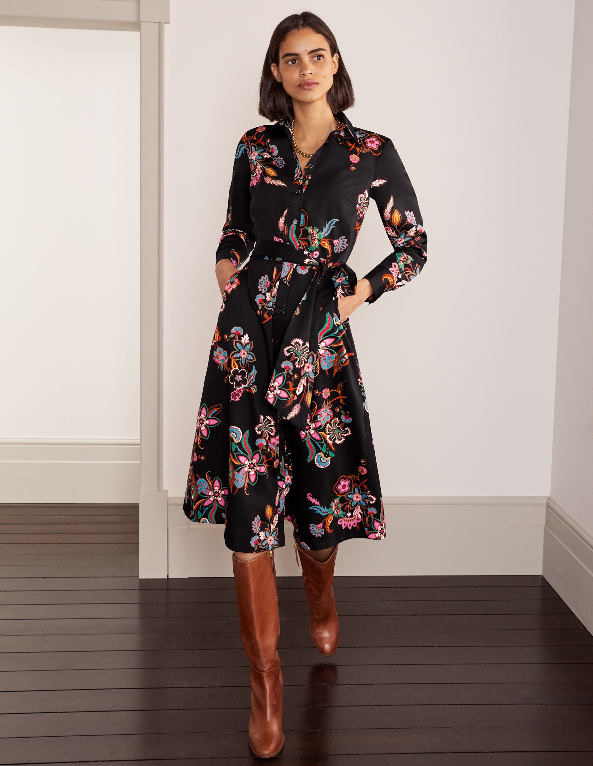 black floral midi shirt dress