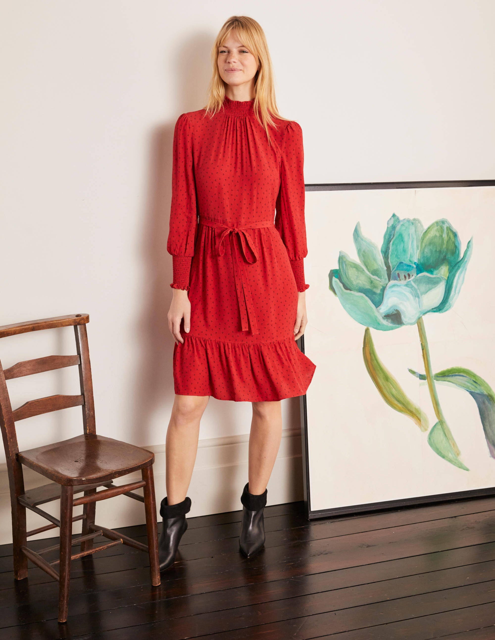 Carrie Smocked Dress Poinsettia, Triple Spot Boden UK