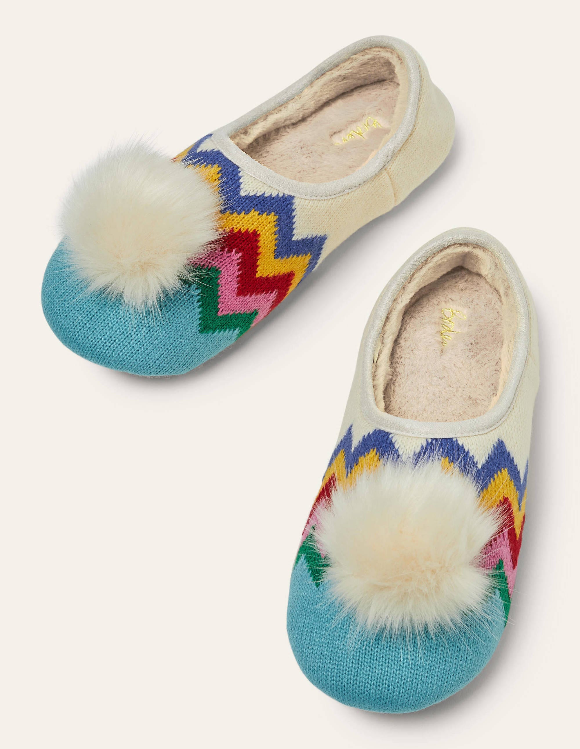 Pompom Mule Slippers - Ecru, Rainbow 