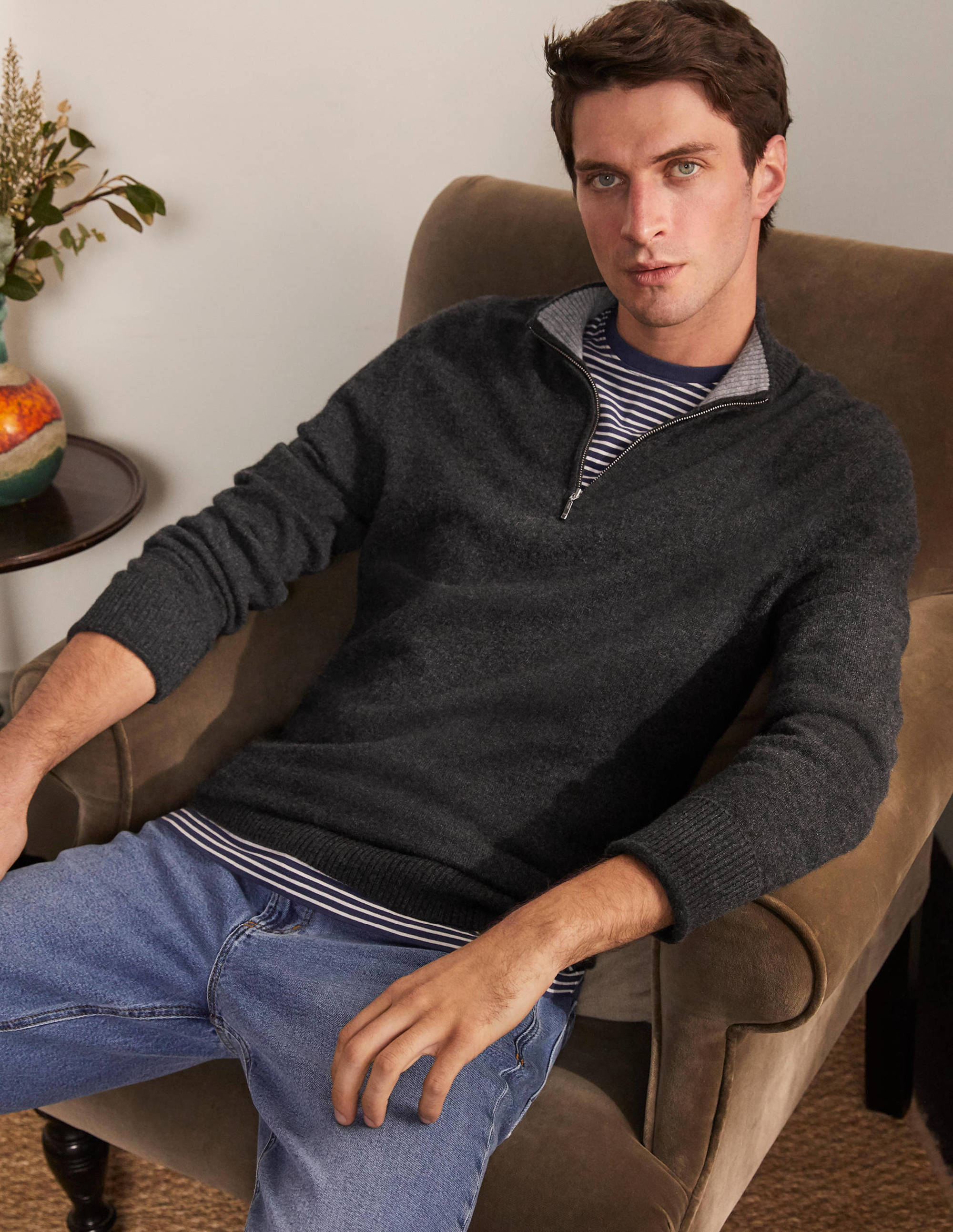 Pull partiellement zippé en cachemire MGY Homme Boden, Gris