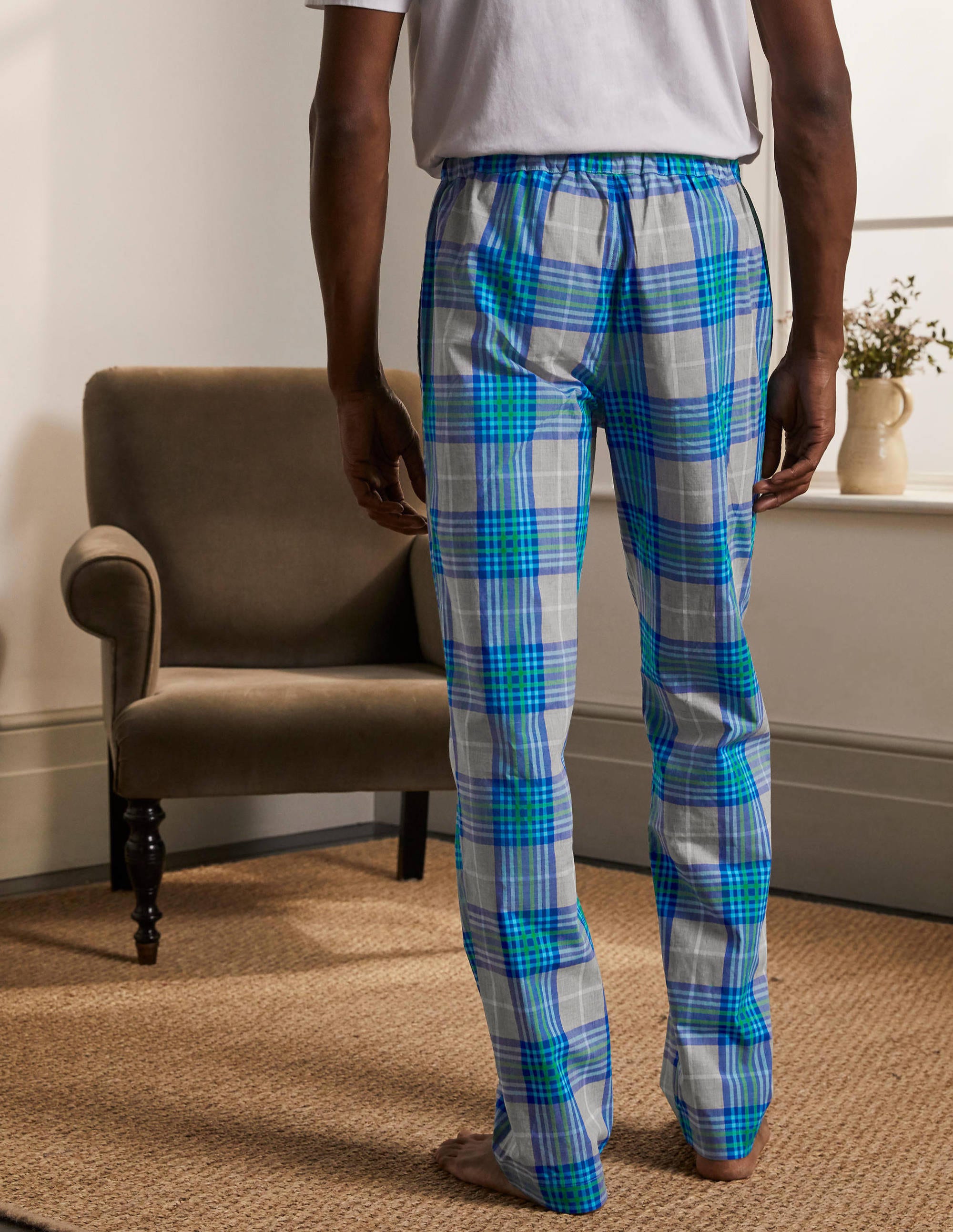 Cotton Poplin Pajama Bottoms Grey Marl/Electric Blue Check Boden US