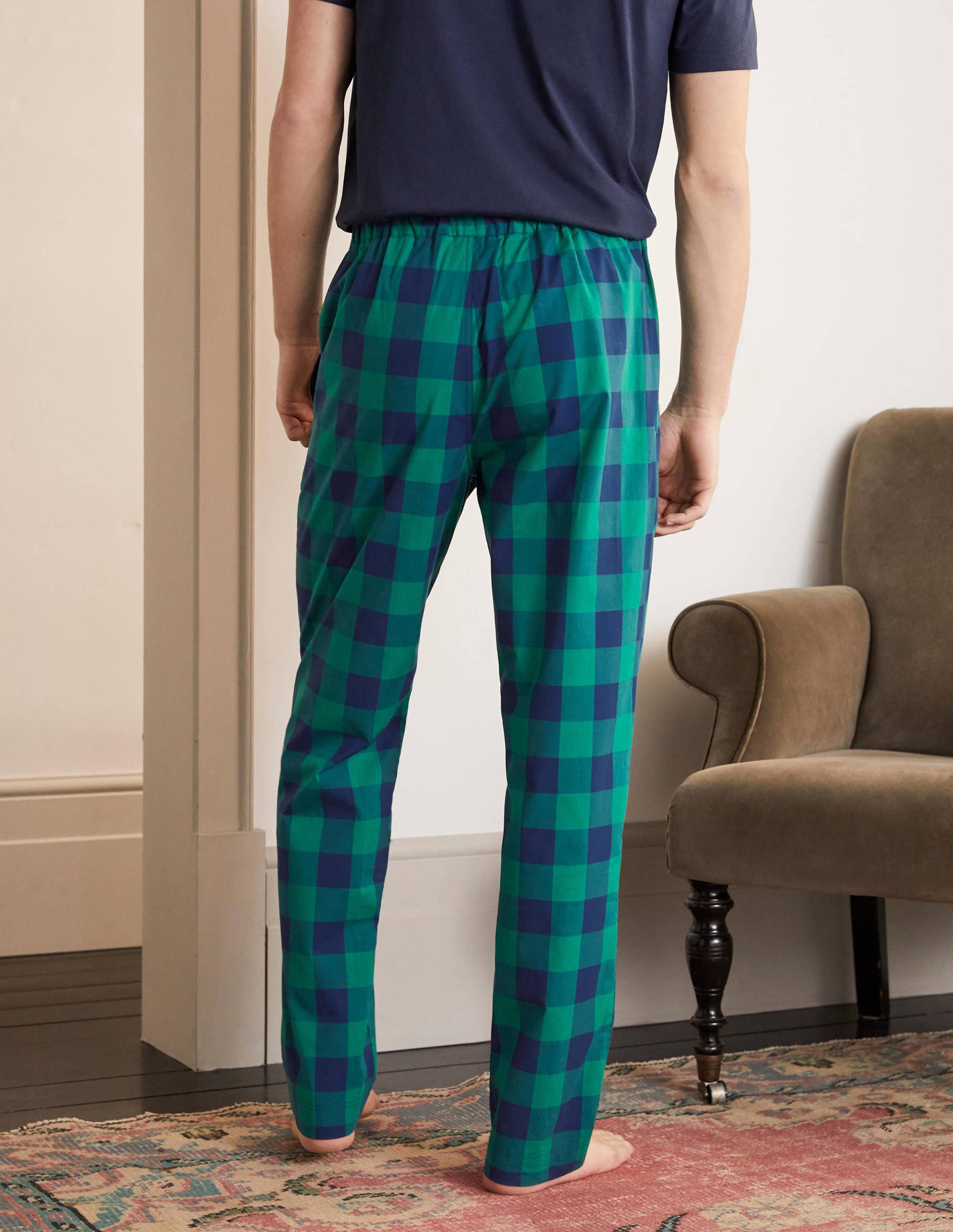 Cotton Poplin Pyjama Bottoms Green/Navy Gingham Boden UK