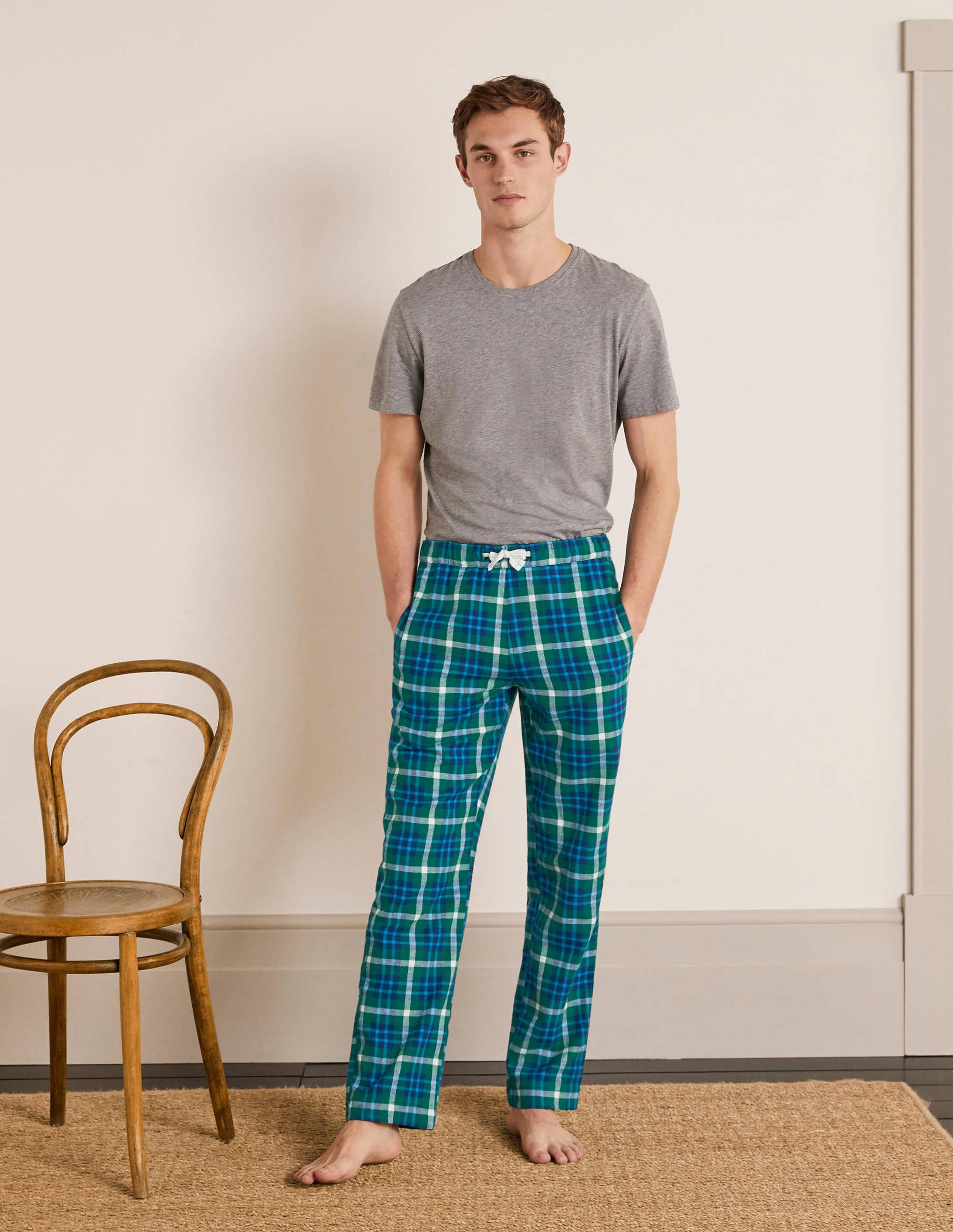 Brushed Cotton Pyjama Bottoms Greenery/Riviera Check Boden UK