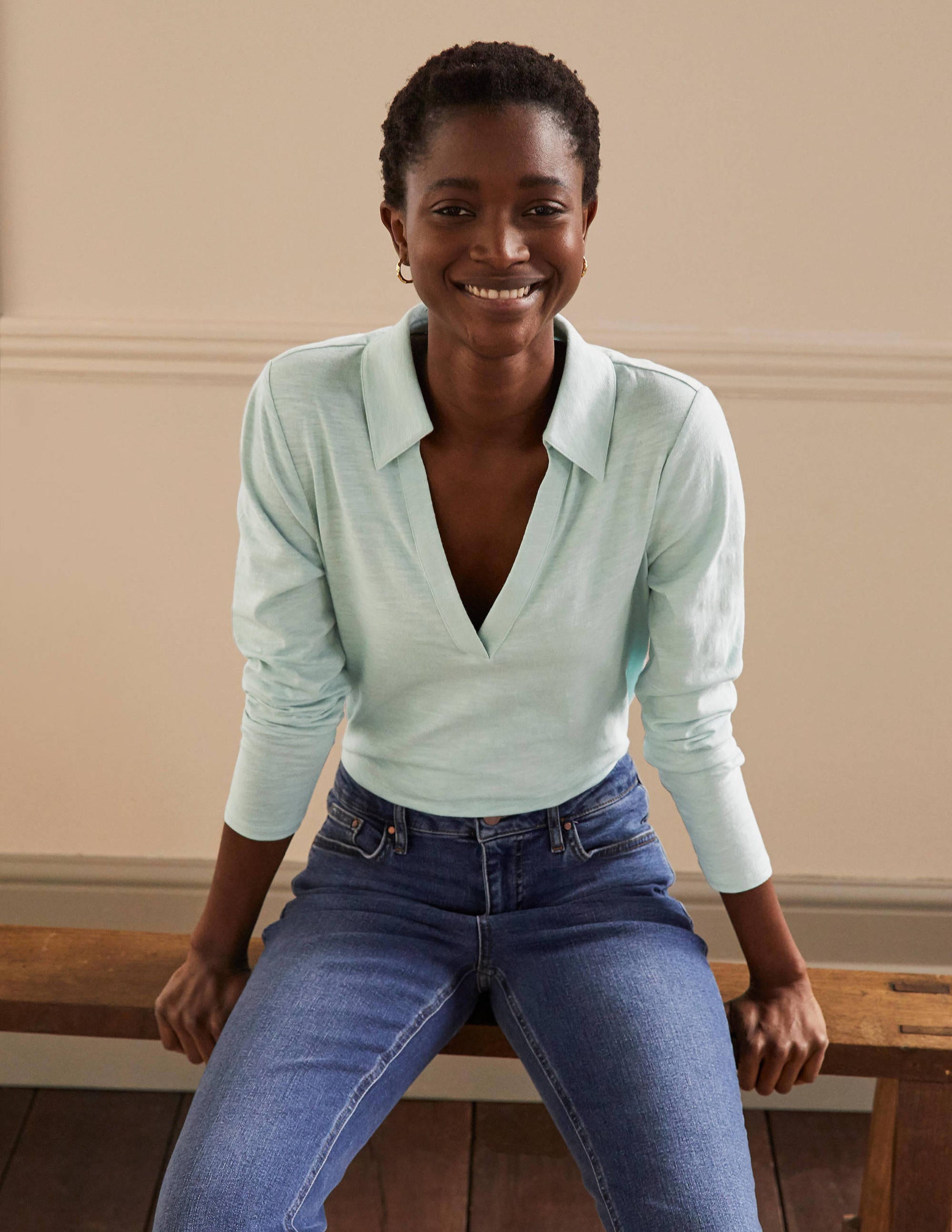 Le T-shirt à col cranté en coton LTU Femme Boden, Blue