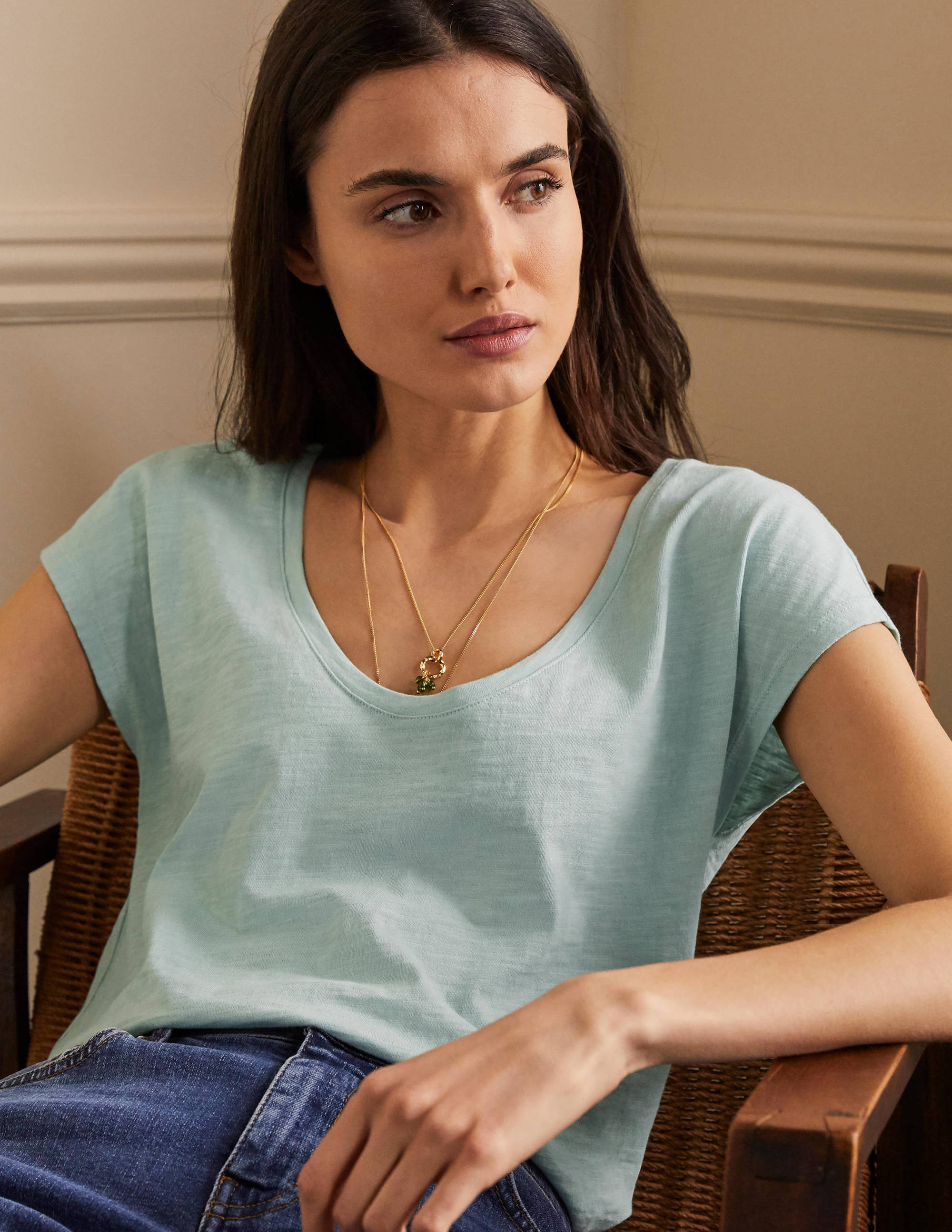 Le T-shirt à col V arrondi en coton LTU Femme Boden, Blue