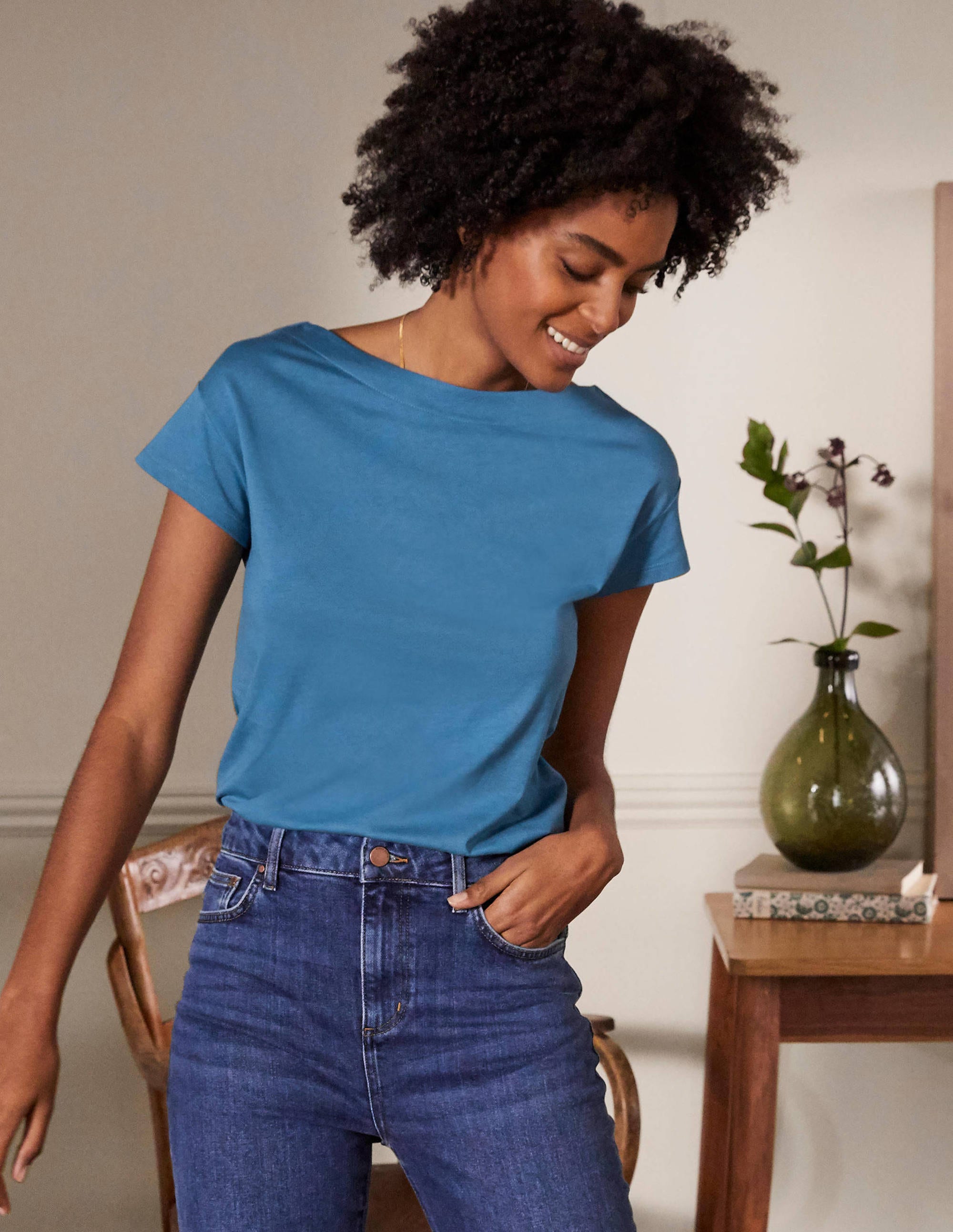 T-shirt col large ultra-doux BPT Femme Boden, Blue