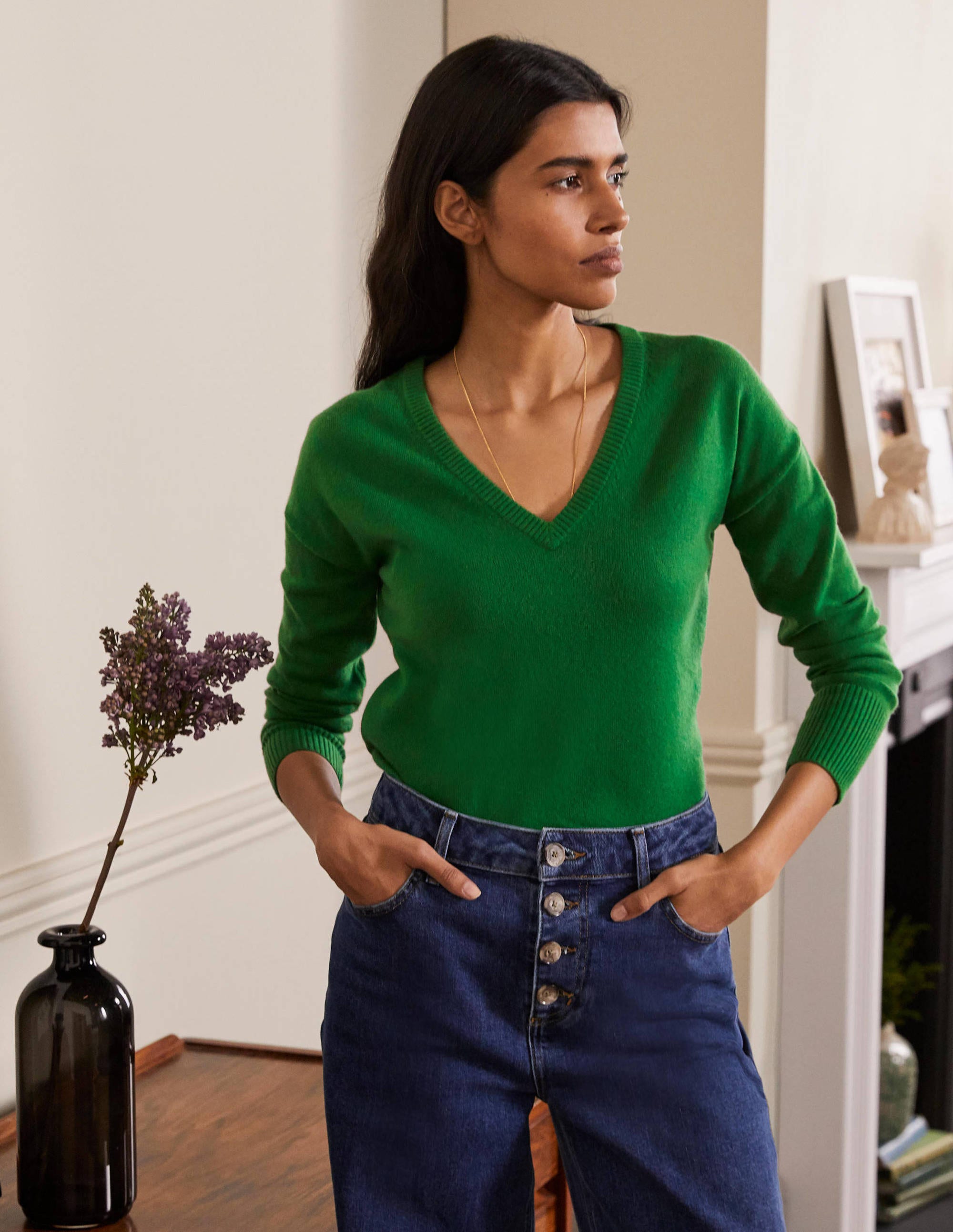 Pull col V décontracté en cachemire GRN Femme Boden, Green