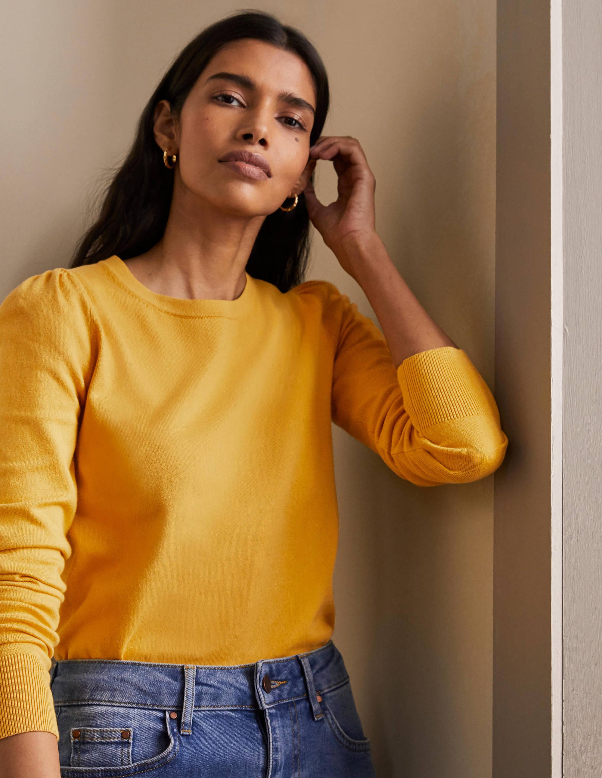 Pull col rond en coton YEL Femme Boden, Yellow