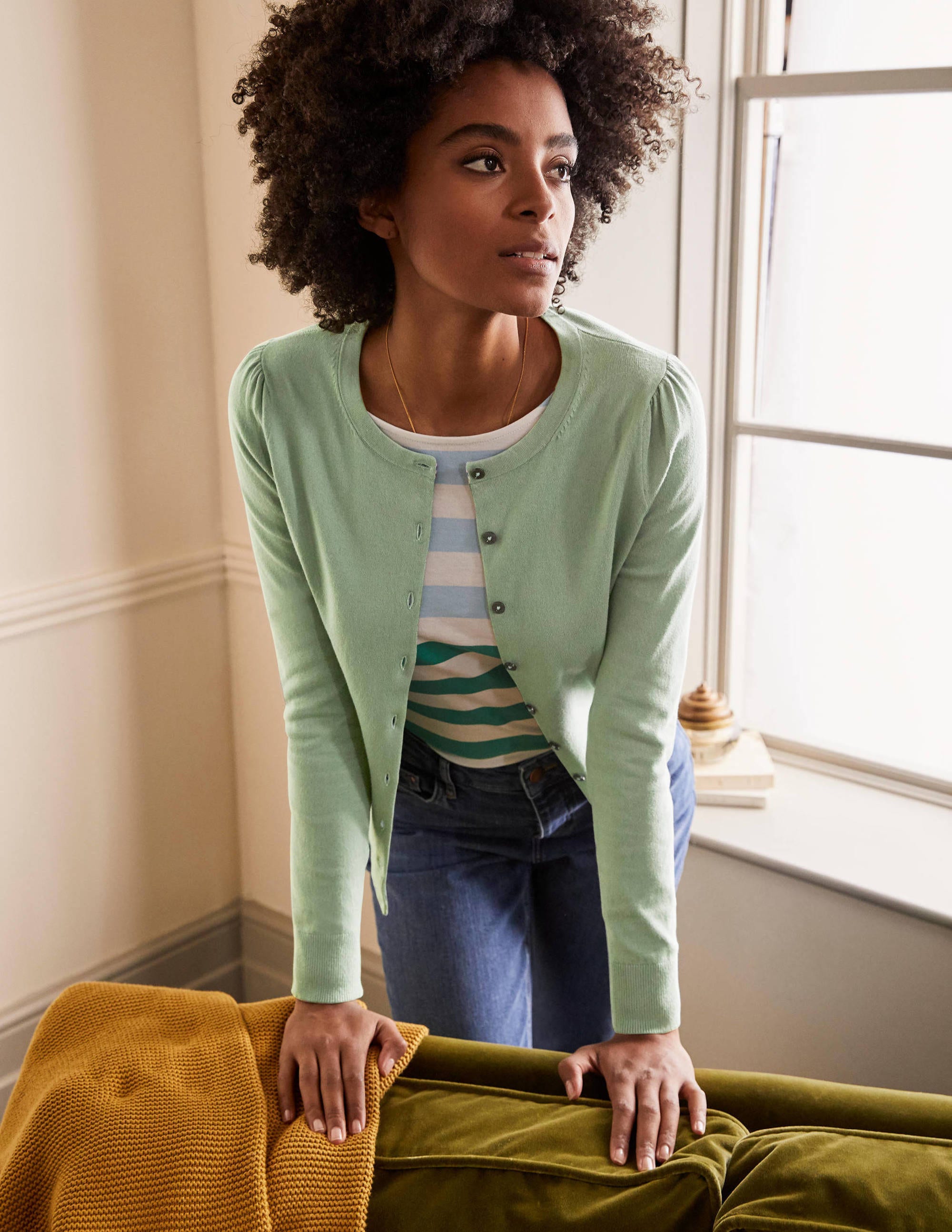 Cardigan col rond en coton GRN Femme Boden, Green