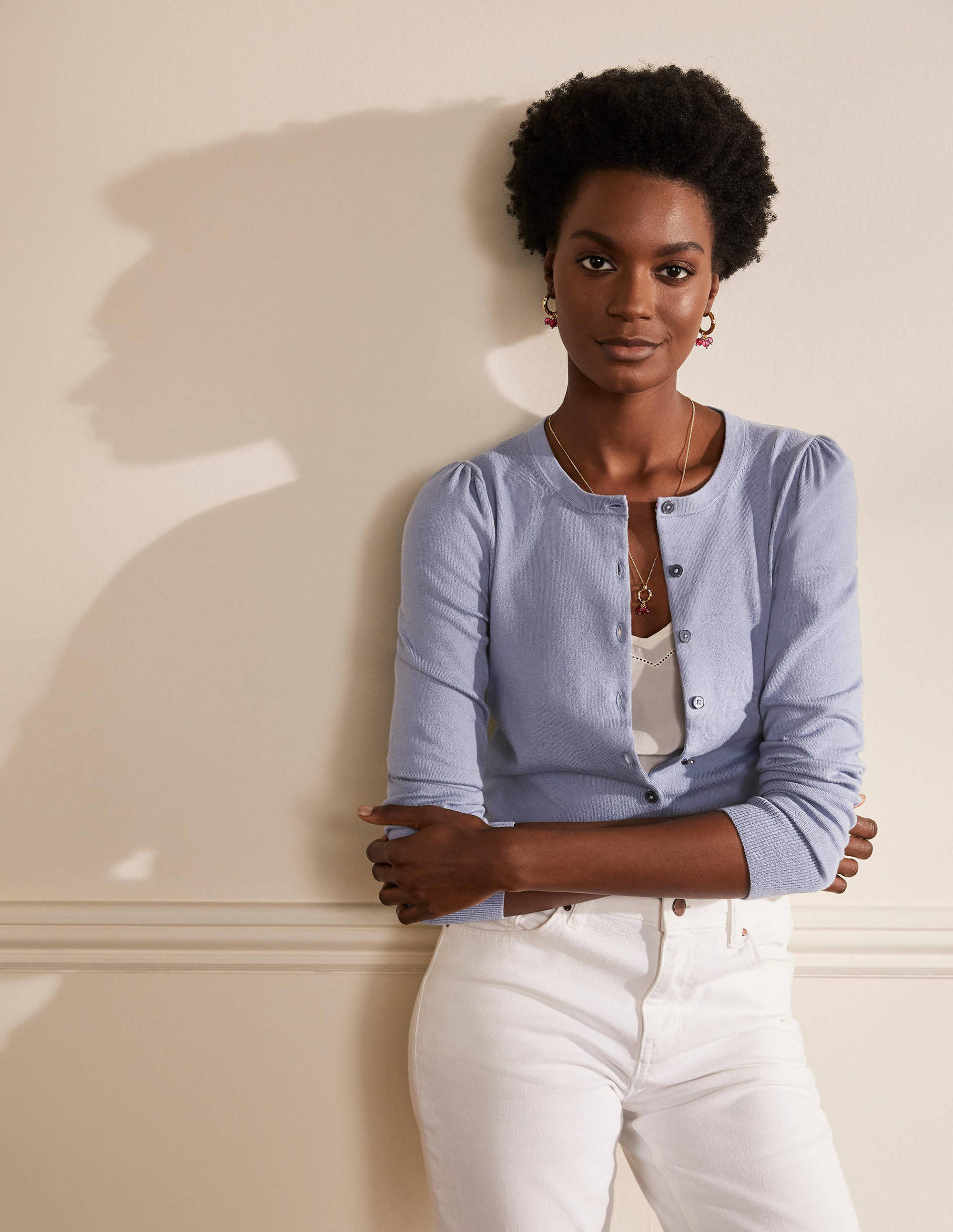 Cardigan col rond en coton PBL Femme Boden, Blue