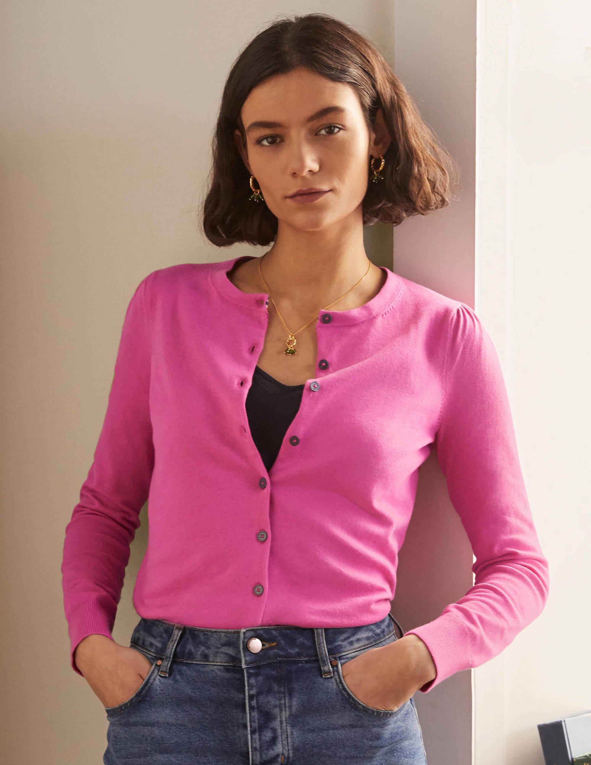 Cardigan col rond en coton PNK Femme Boden, Pink