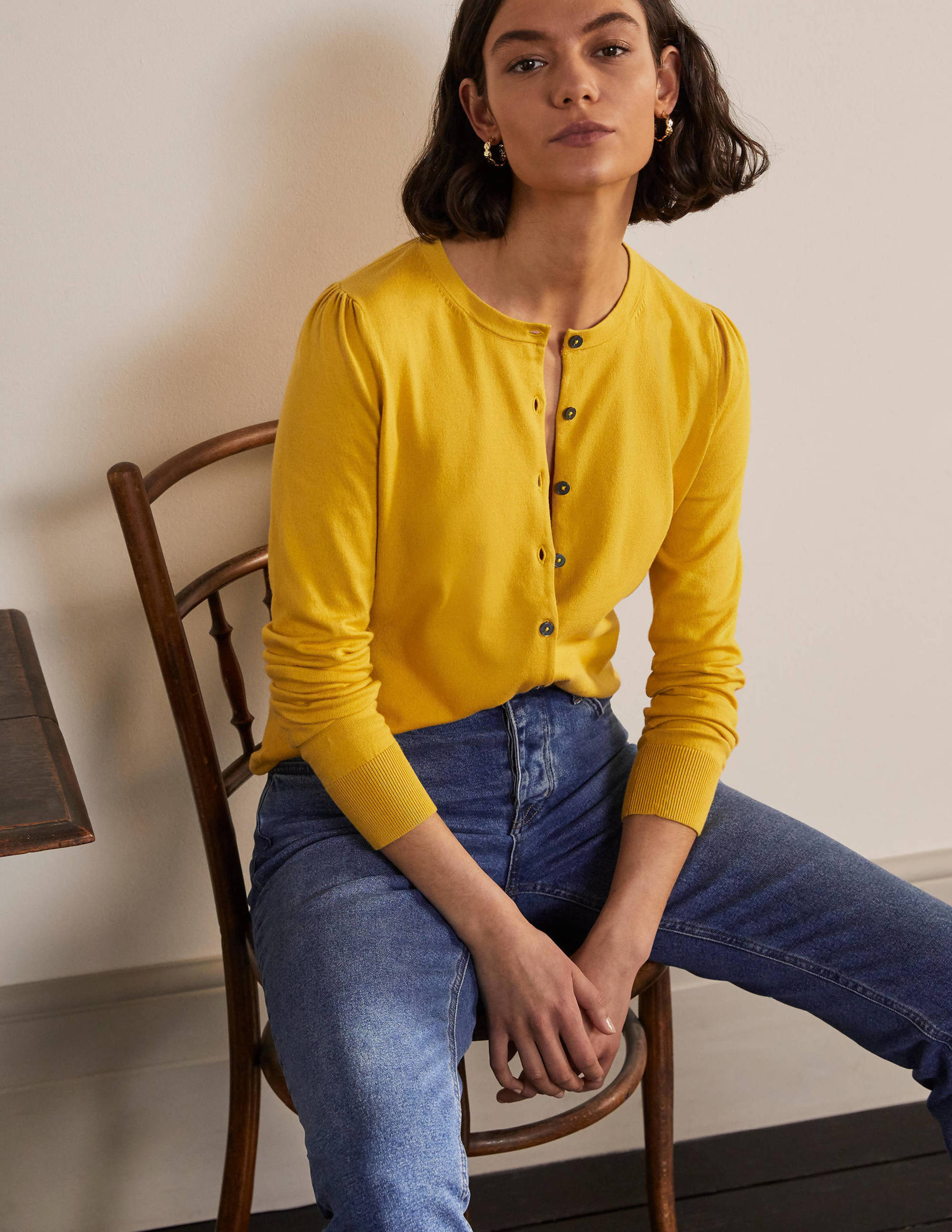 Cardigan col rond en coton YEL Femme Boden, Yellow