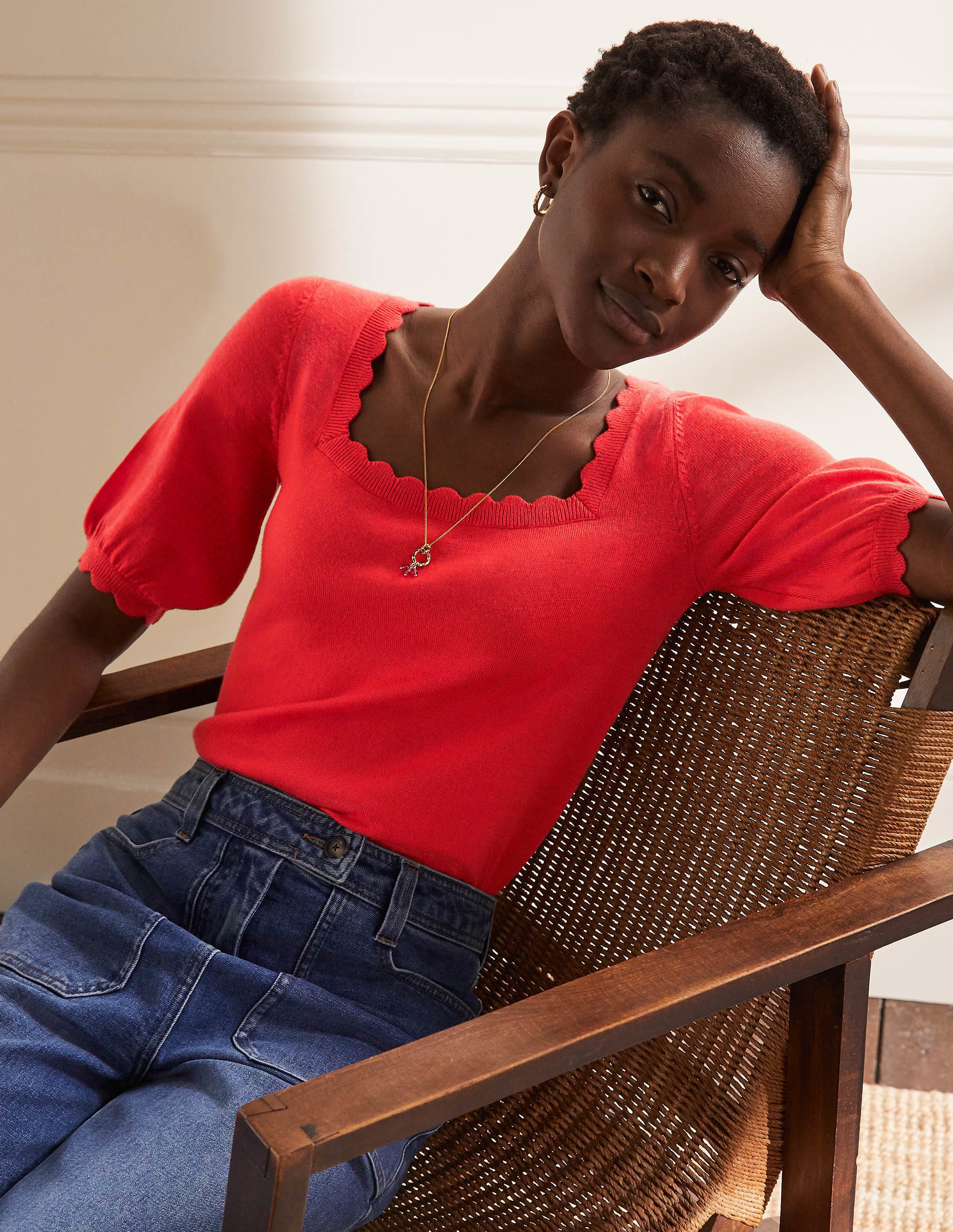 Top festonné en maille mérinos LRD Femme Boden, Red