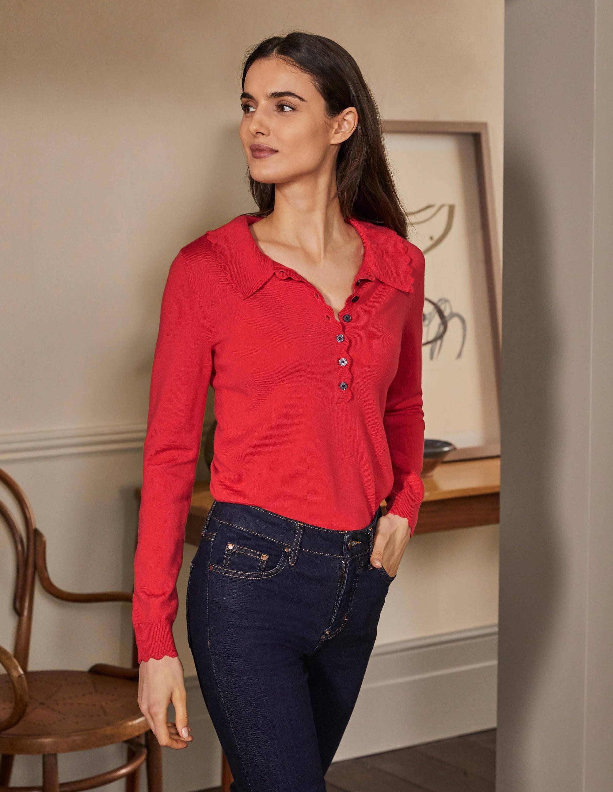 Pull en laine mérinos à col festonné LRD Femme Boden, Red