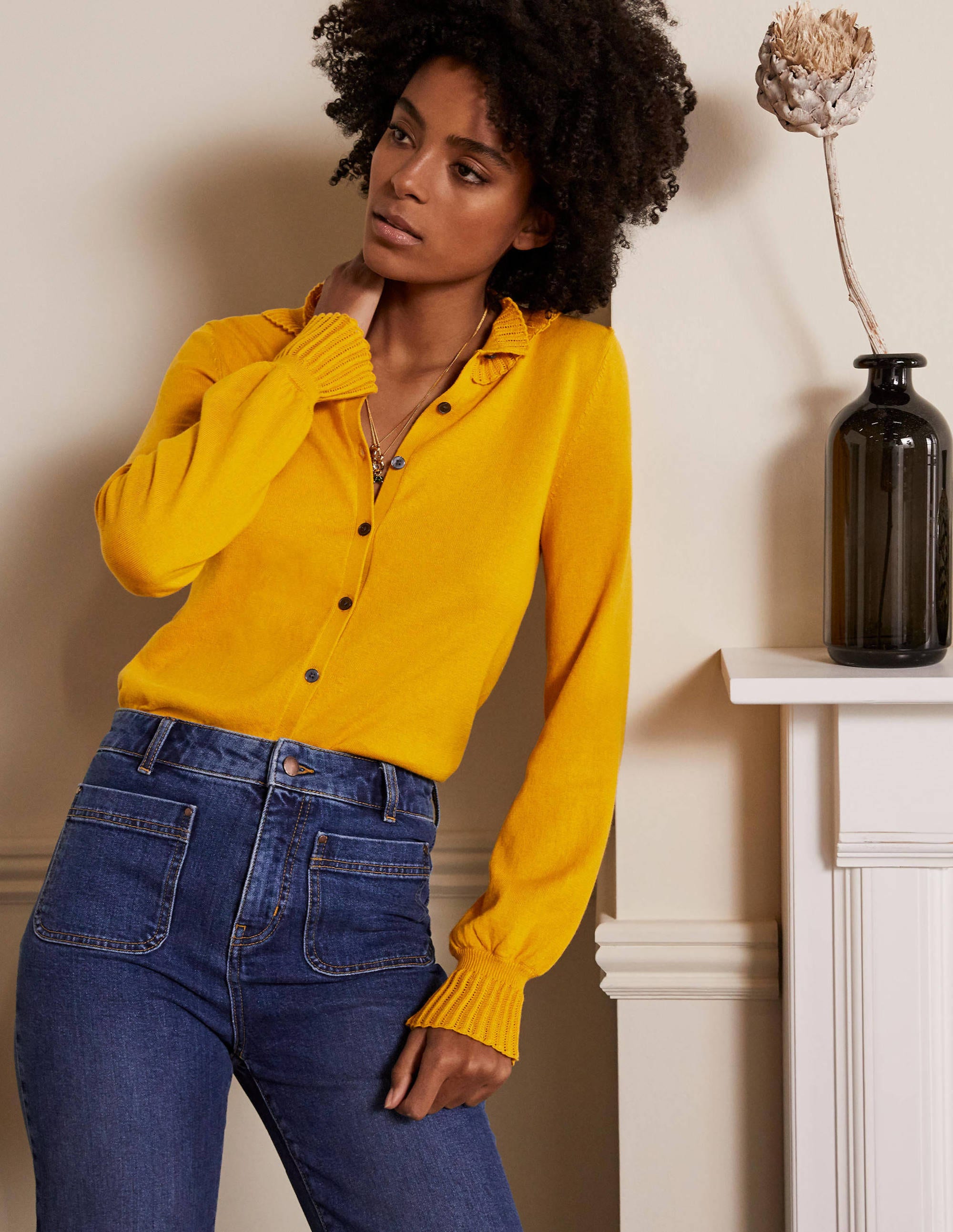 Gilet Frederica en pointelle DYL Femme Boden, Yellow