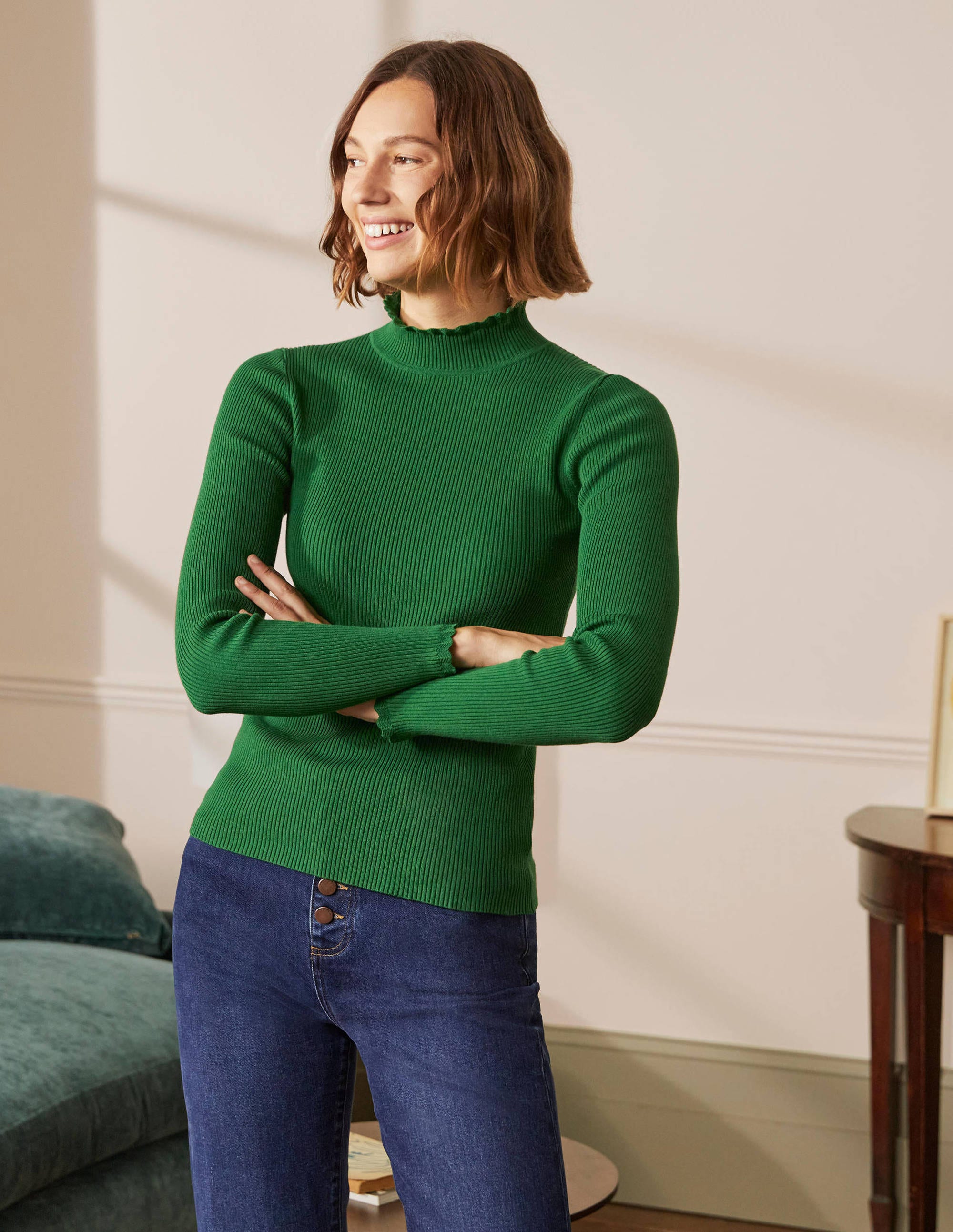 Pull festonné à col montant GRN Femme Boden, Green