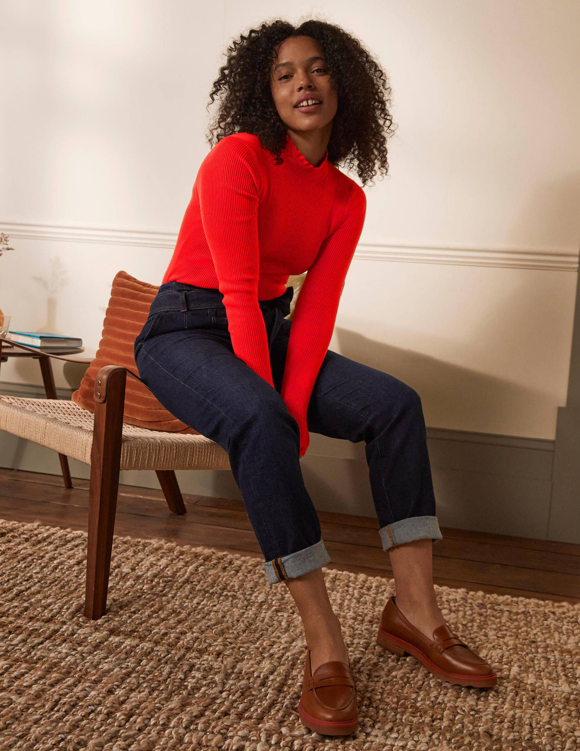 Pull festonné à col montant LRD Femme Boden, Red