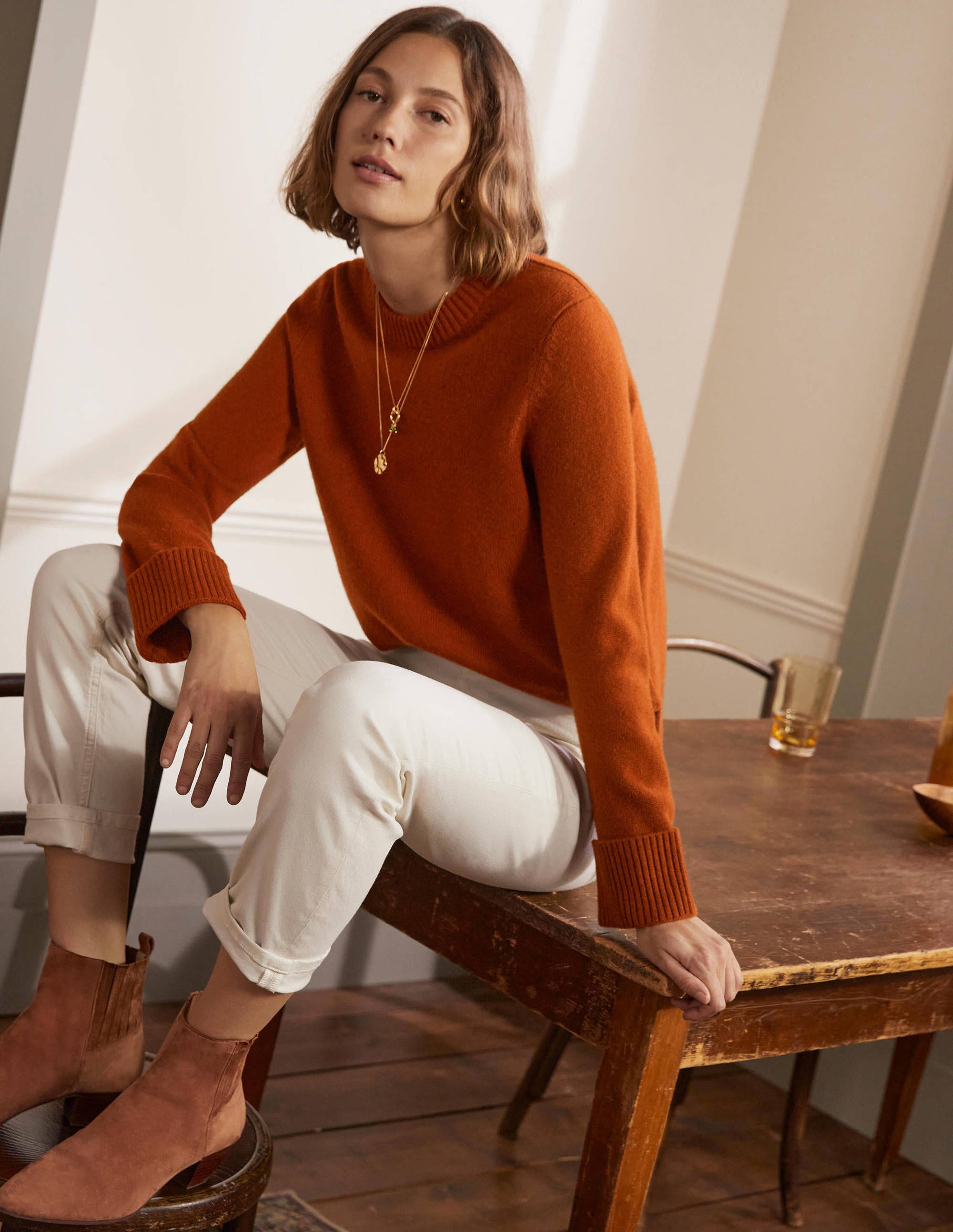 Pull en cachemire avec revers aux poignets BRN Femme Boden, Brown