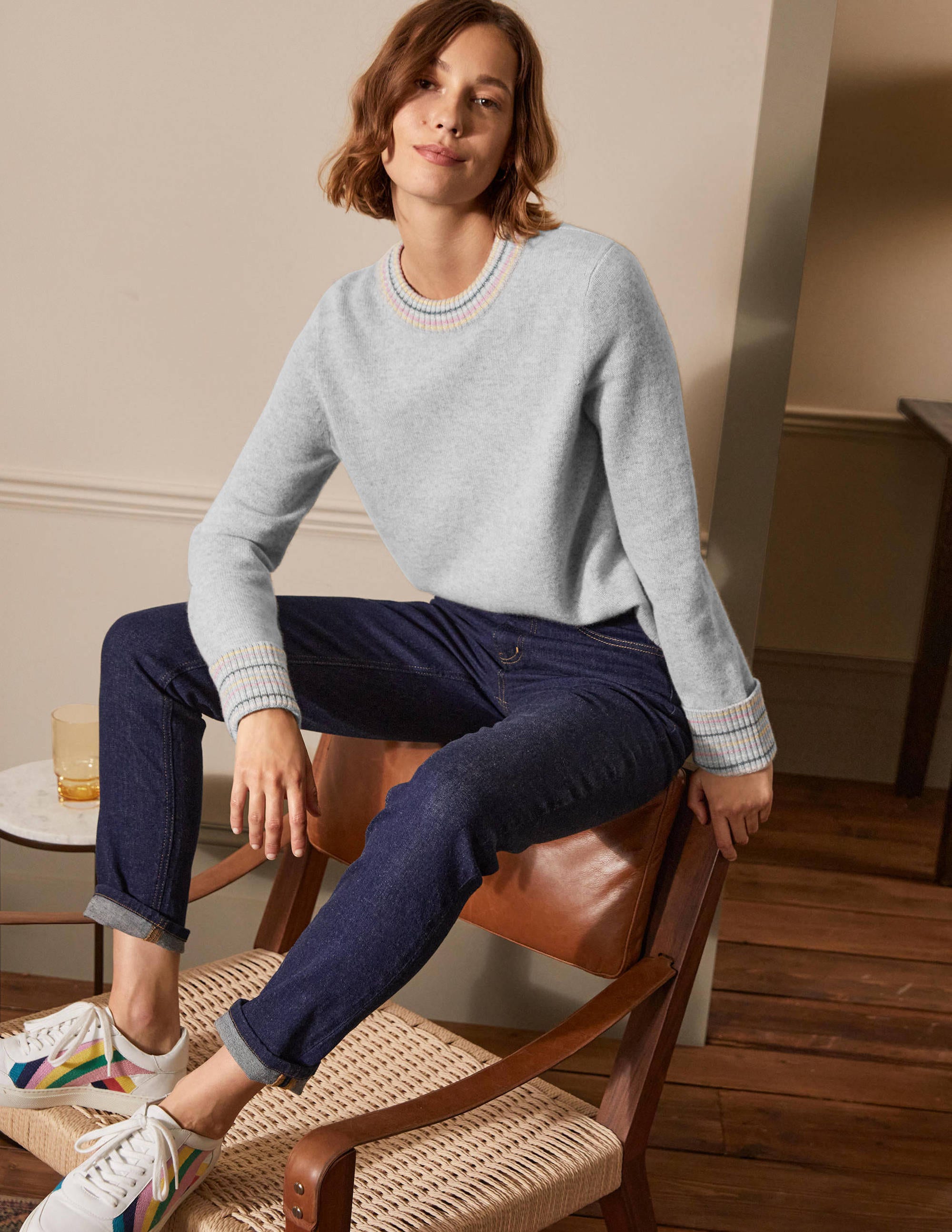 Pull en cachemire avec revers aux poignets GRY Femme Boden, Grey