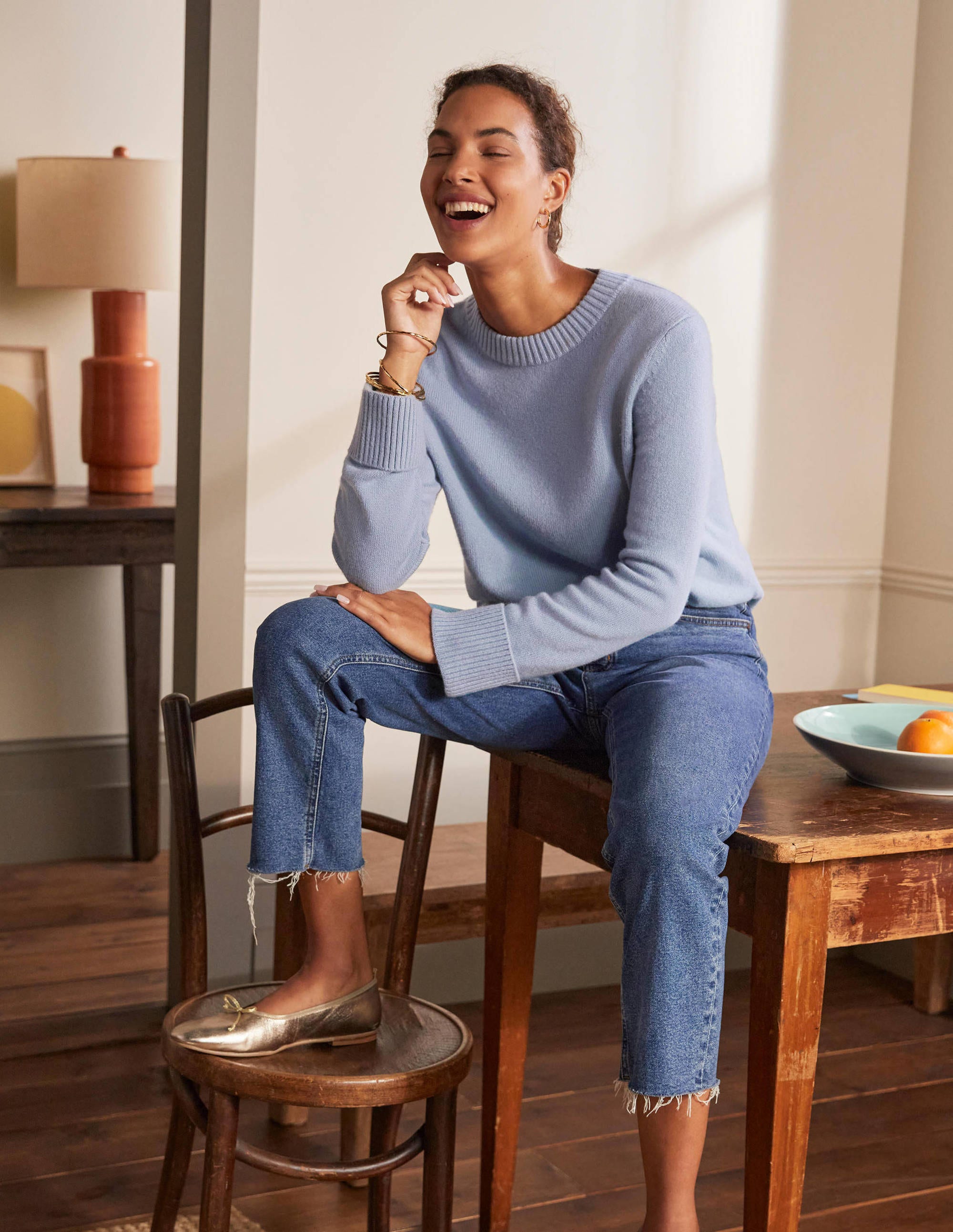 Pull en cachemire avec revers aux poignets PBL Femme Boden, Blue