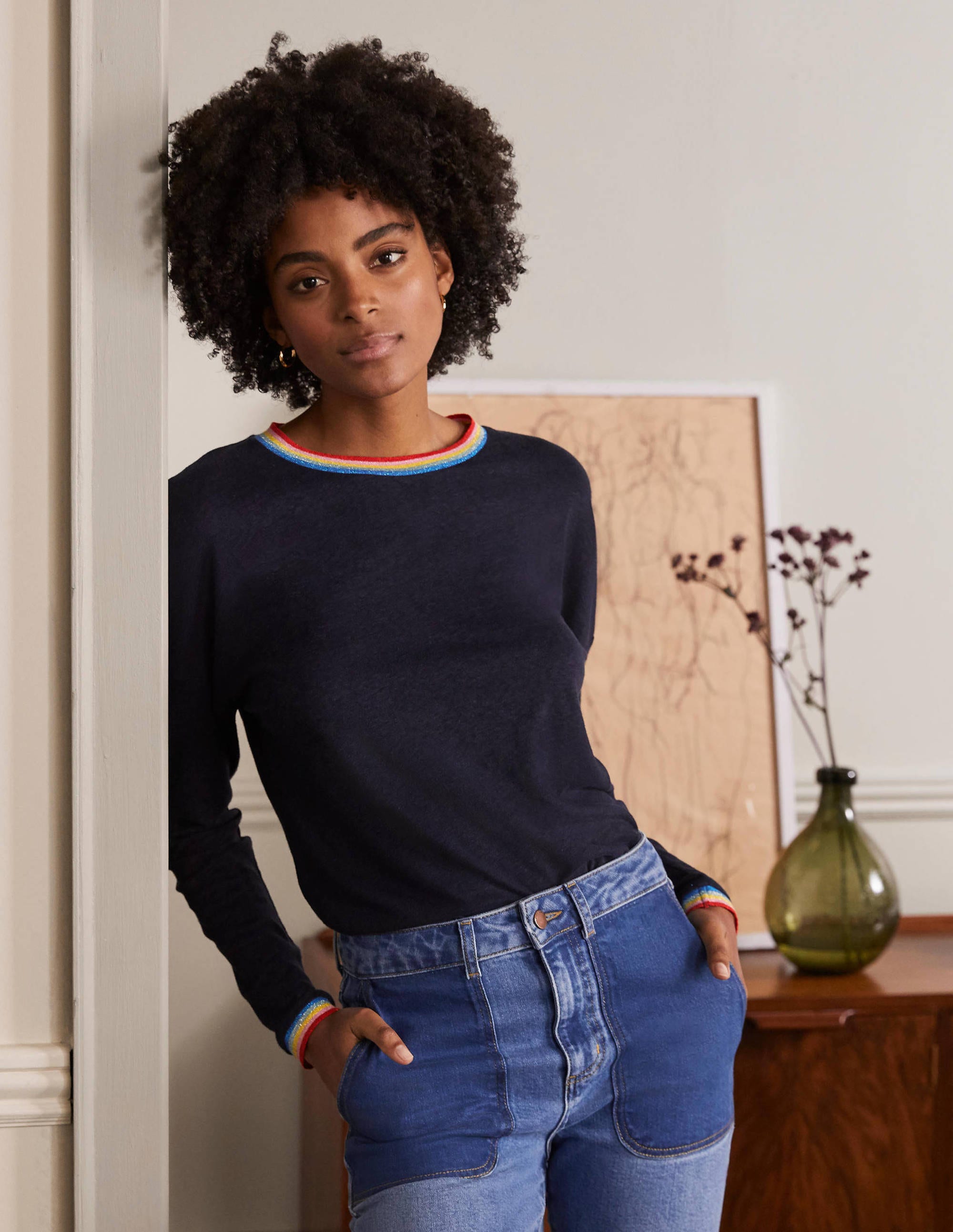 T-shirt manches longues étincelant en lin NAV Femme Boden, Navy
