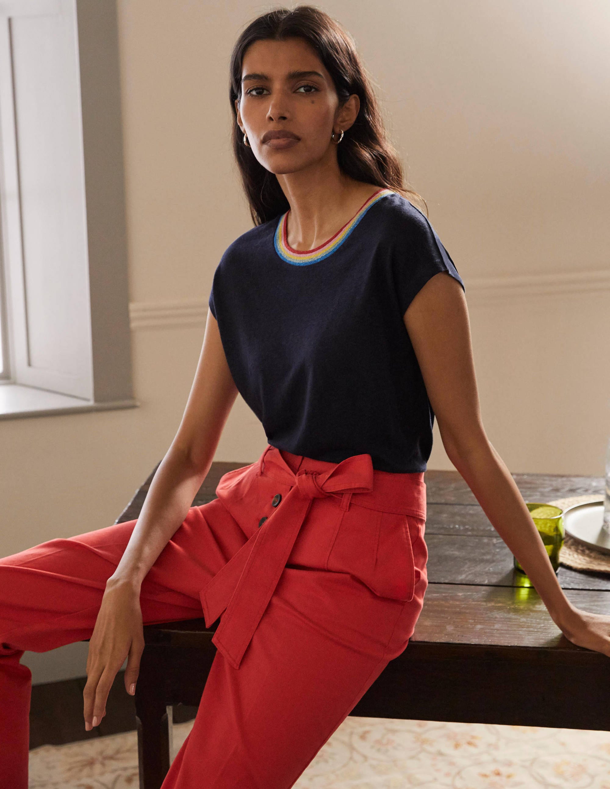 T-shirt manches courtes étincelant en lin NAV Femme Boden, Navy